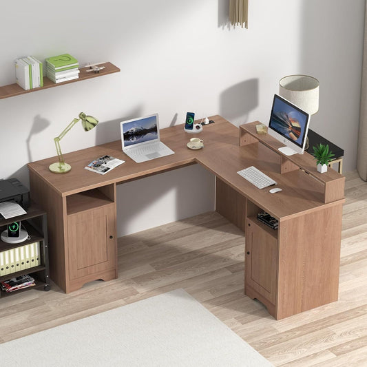 WASAGUN Wooden L Shaped Desk with Storage, 60 Inch L Shape Wood Computer Desks with USB Charging Port and Power Outlet, Large 2 Person Wood L Shape Desk with Drawers Shelf, Oak