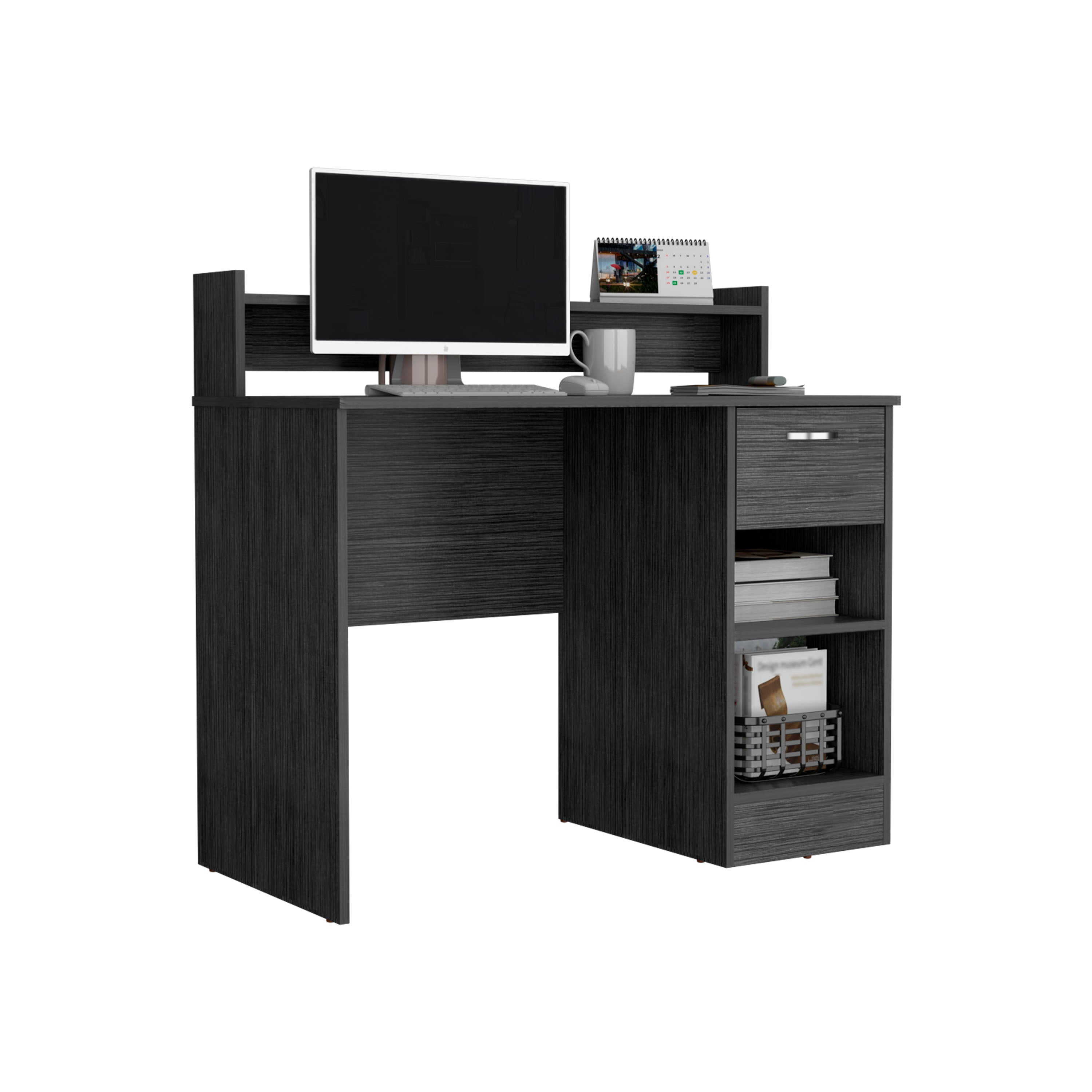 DEPOT E-SHOP Vera Computer Desk with Top Open Shelf, 1-Drawer and 2-Storage Shelves, Smokey Oak