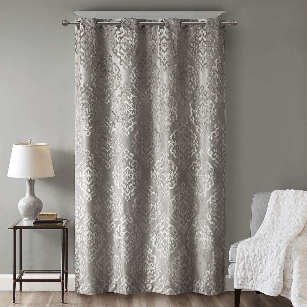 Mirage - 108" Knitted Damask Total Blackout Grommet Top Curtain Panel - Charcoal