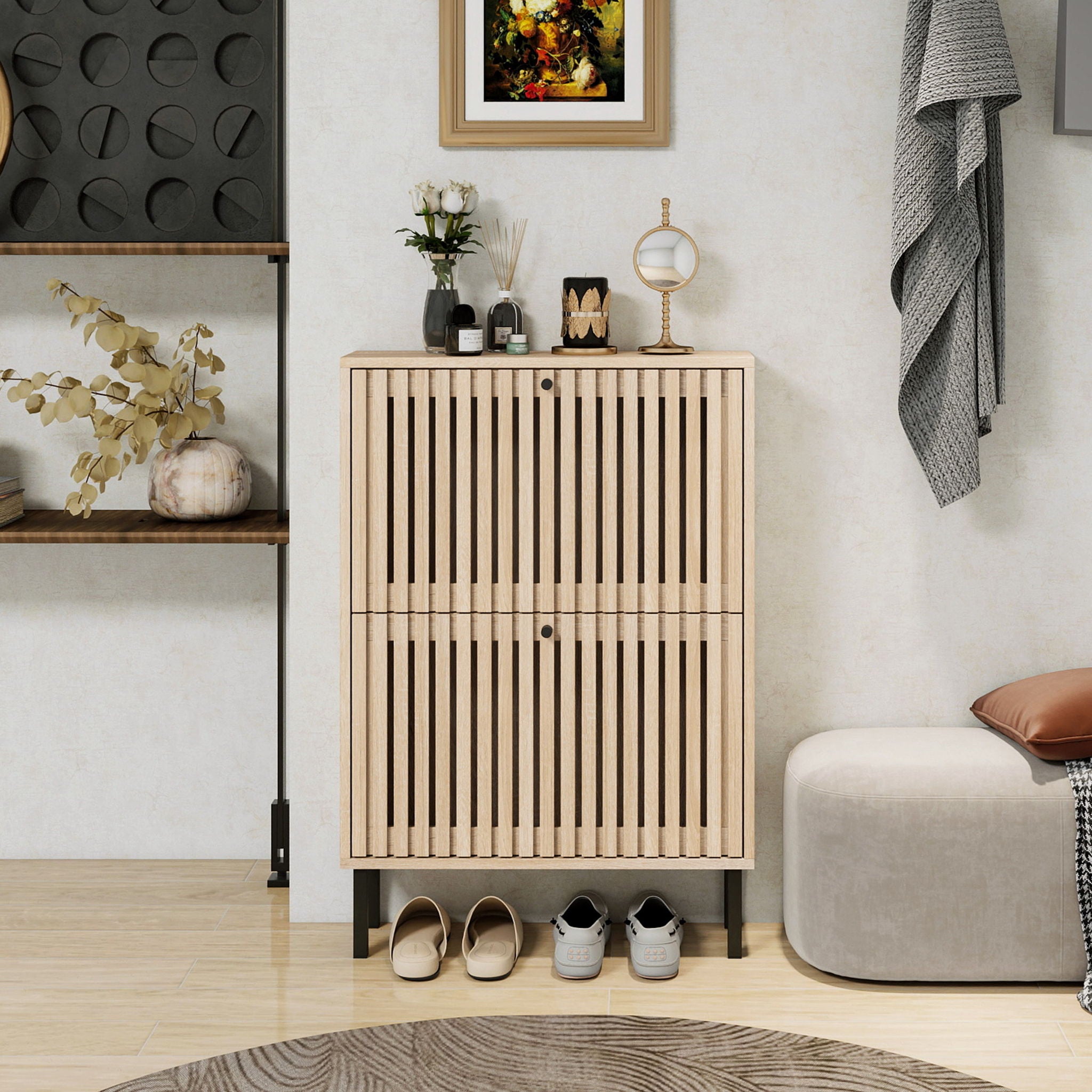 2 Door Shoe Rack, Freestanding Modern Shoe Storage Cabinet, For Entryway - Natural