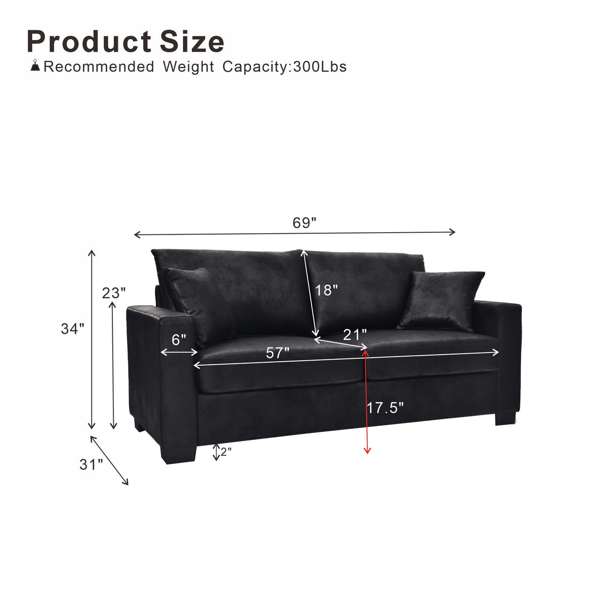 2 Seater Sofa, 2 Throw Pillows For Living Room