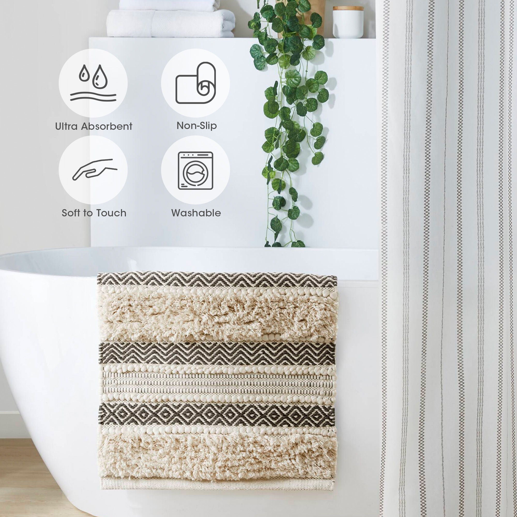 Asher - 20" x 32" Woven Texture Stripe Bath Rug - Black