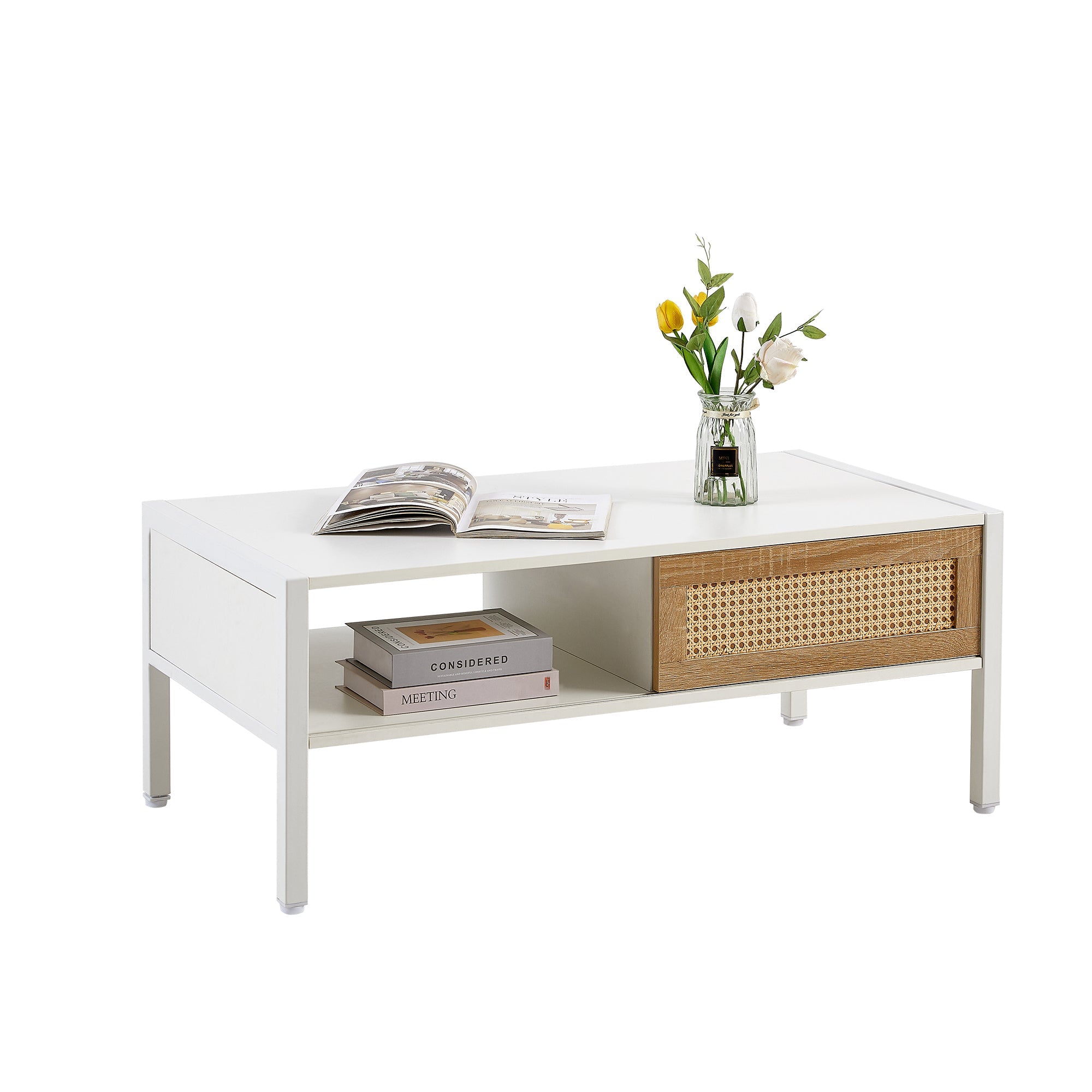 40.16" Rattan Coffee table, sliding door for storage, metal legs, Modern table  for living room , white