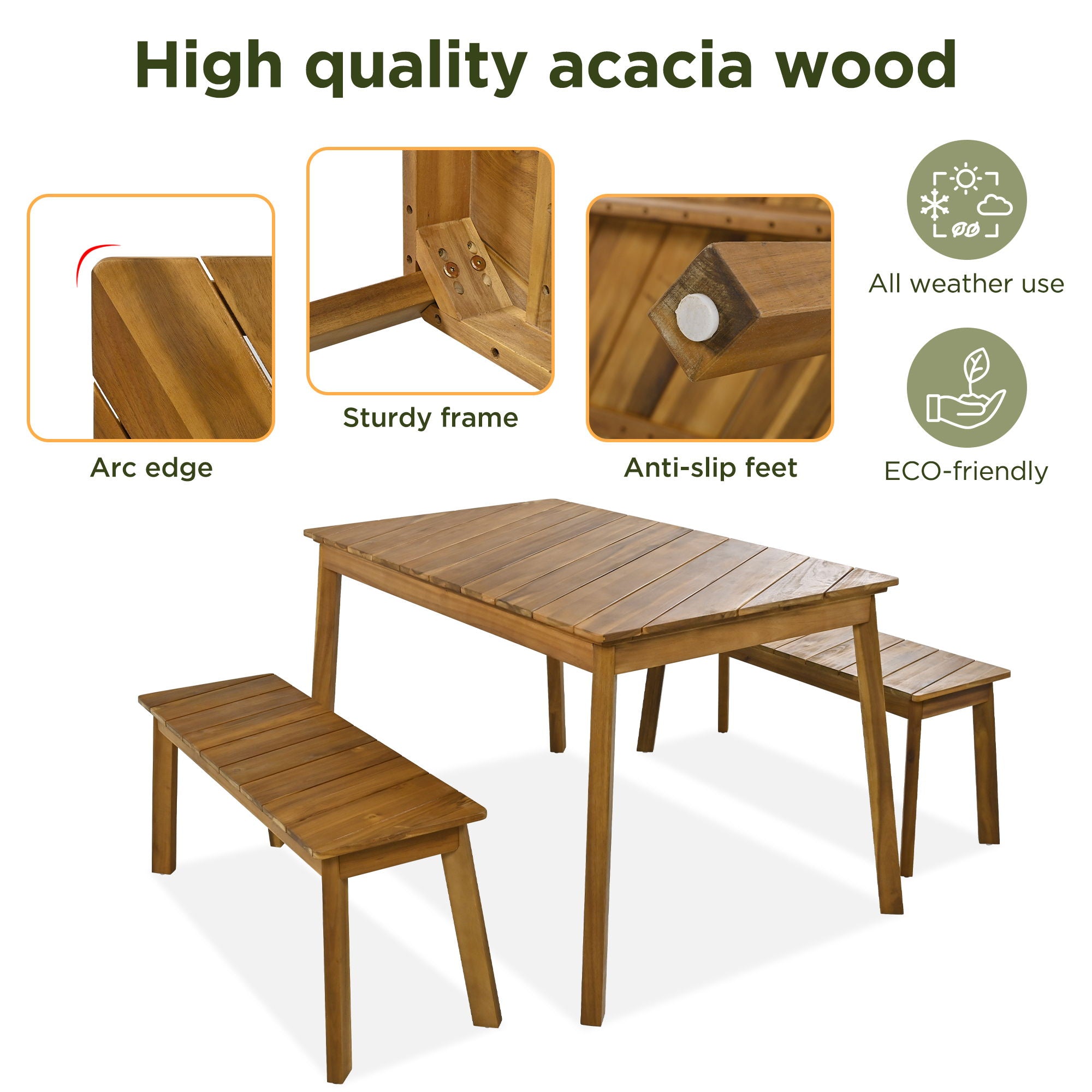 3 Pieces Acacia Wood Table Bench Dining Set For Outdoor & Indoor Furniture With 2 Benches, Picnic Beer Table For Patio, Porch, Garden, Poolside - Natural