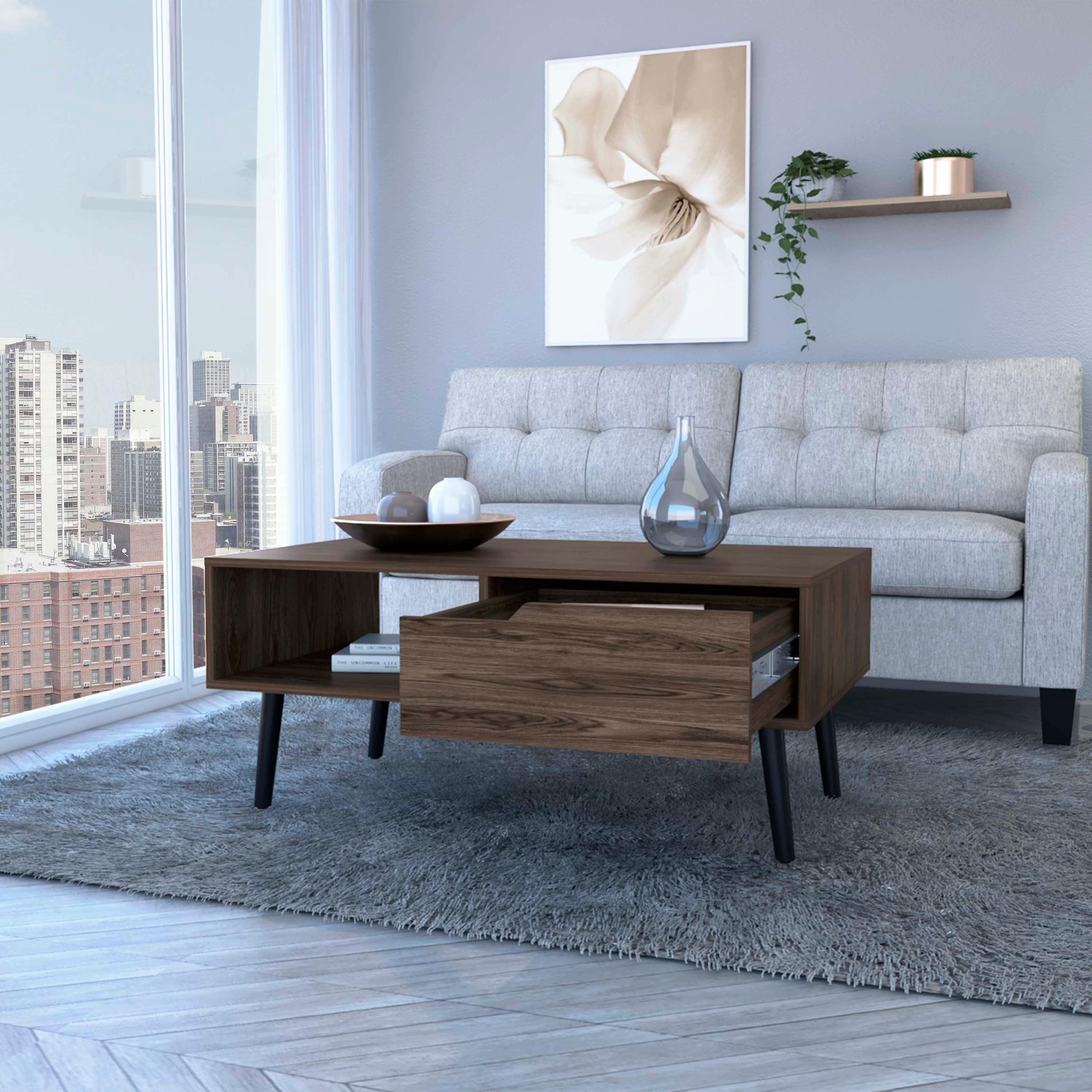 Coffee Table Bull, One Drawer, One Open Shelf, Four Legs, Dark Walnut Finish