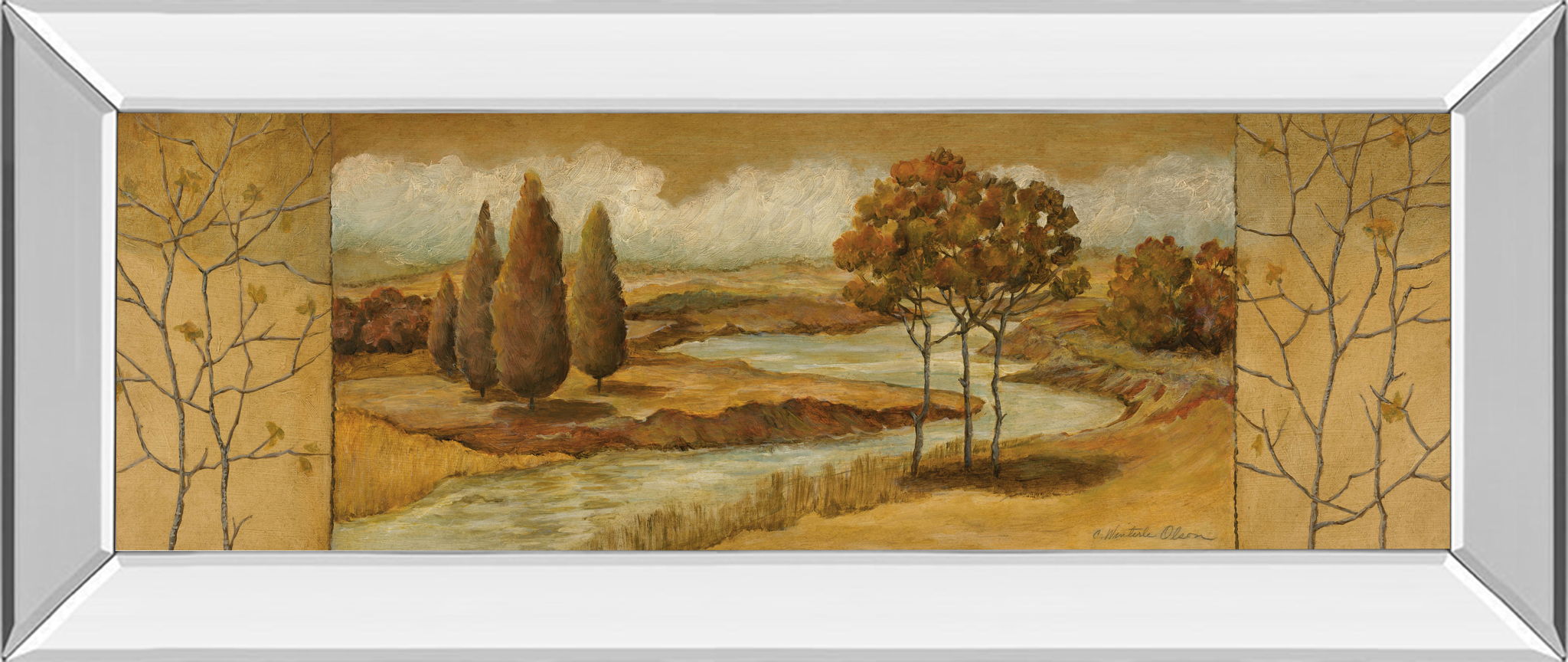 River Scene I - Mirror Framed Print Wall Art - Light Brown