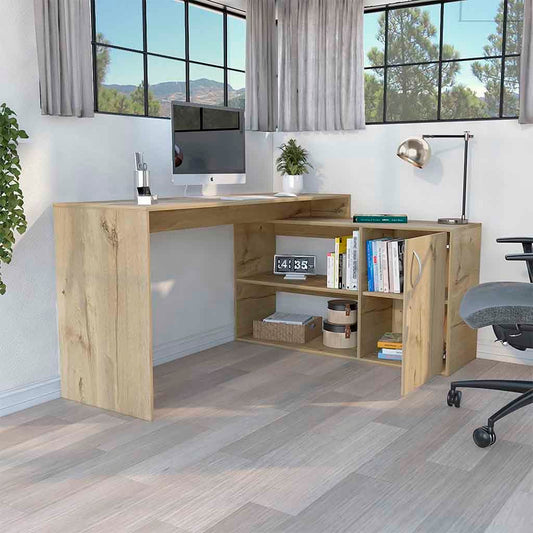 Axis Modern L-Shaped Computer Desk with Open & Closed Storage -Light Oak