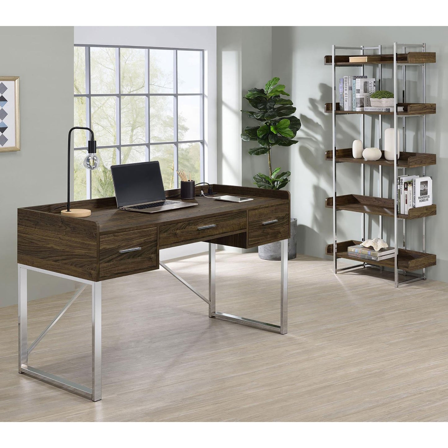 Walnut and Chrome 3-Drawer Writing Desk