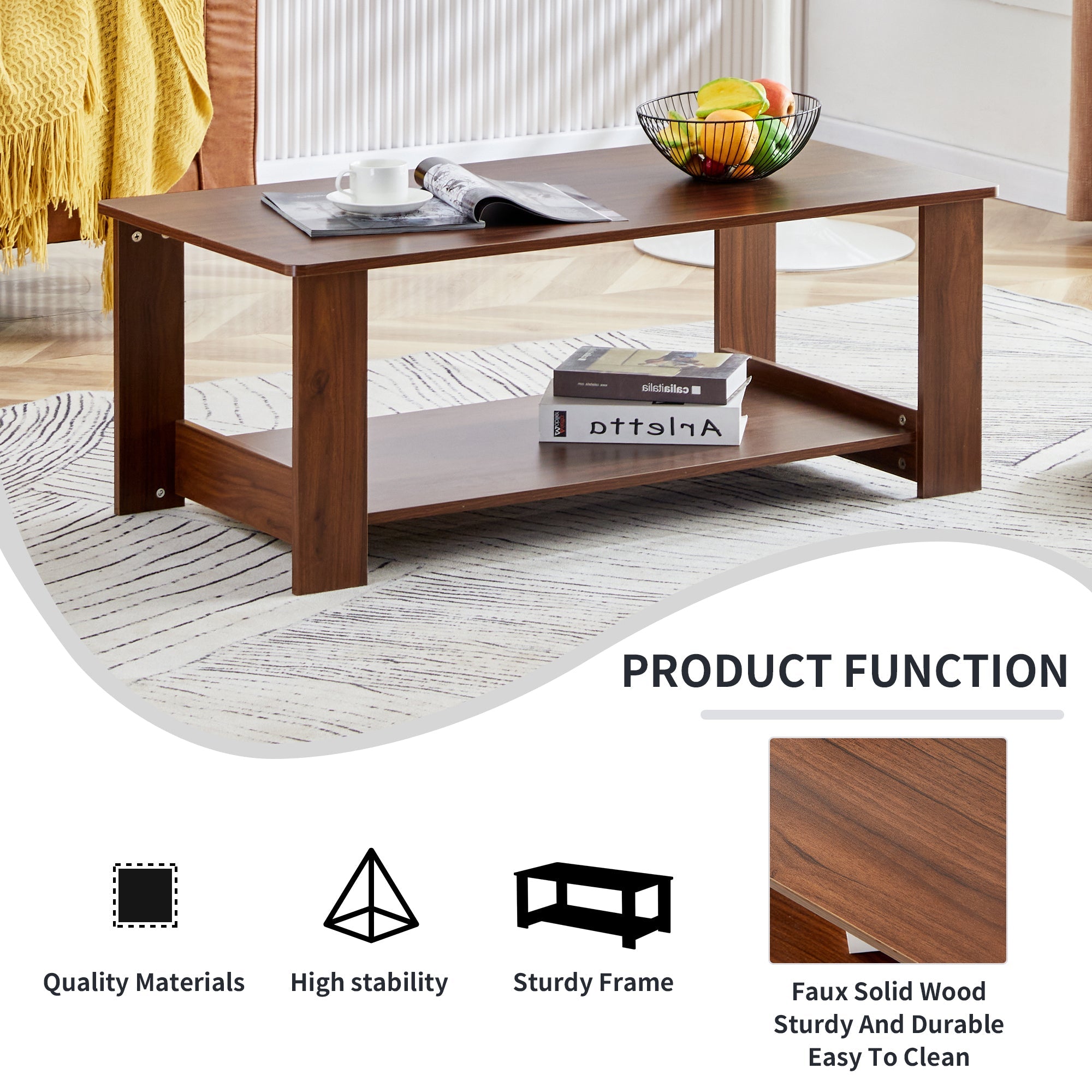 Modern and practical walnut textured coffee tables , tea tables. The double layered coffee table is made of MDF material. Suitable for living room  43.3"*21.6"*16.5"  CT-16