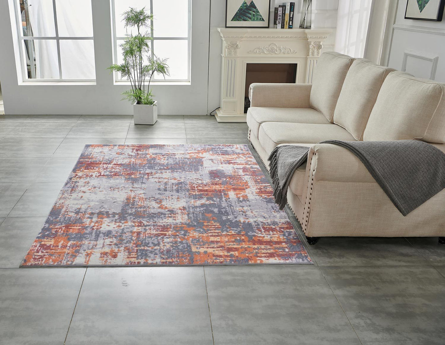 Zara Abstract Design Machine Washable Grey Brown and Rust Area Rug