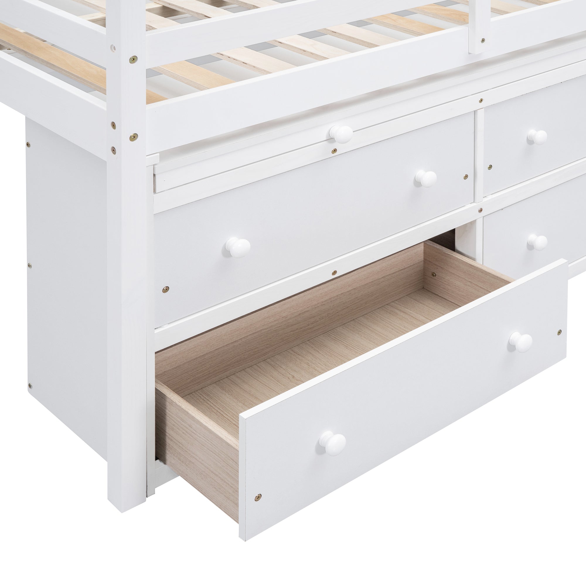 Full Size Loft Bed with Retractable Writing Desk and 4 Drawers, Wooden Loft Bed with Lateral Portable Desk and Shelves, White