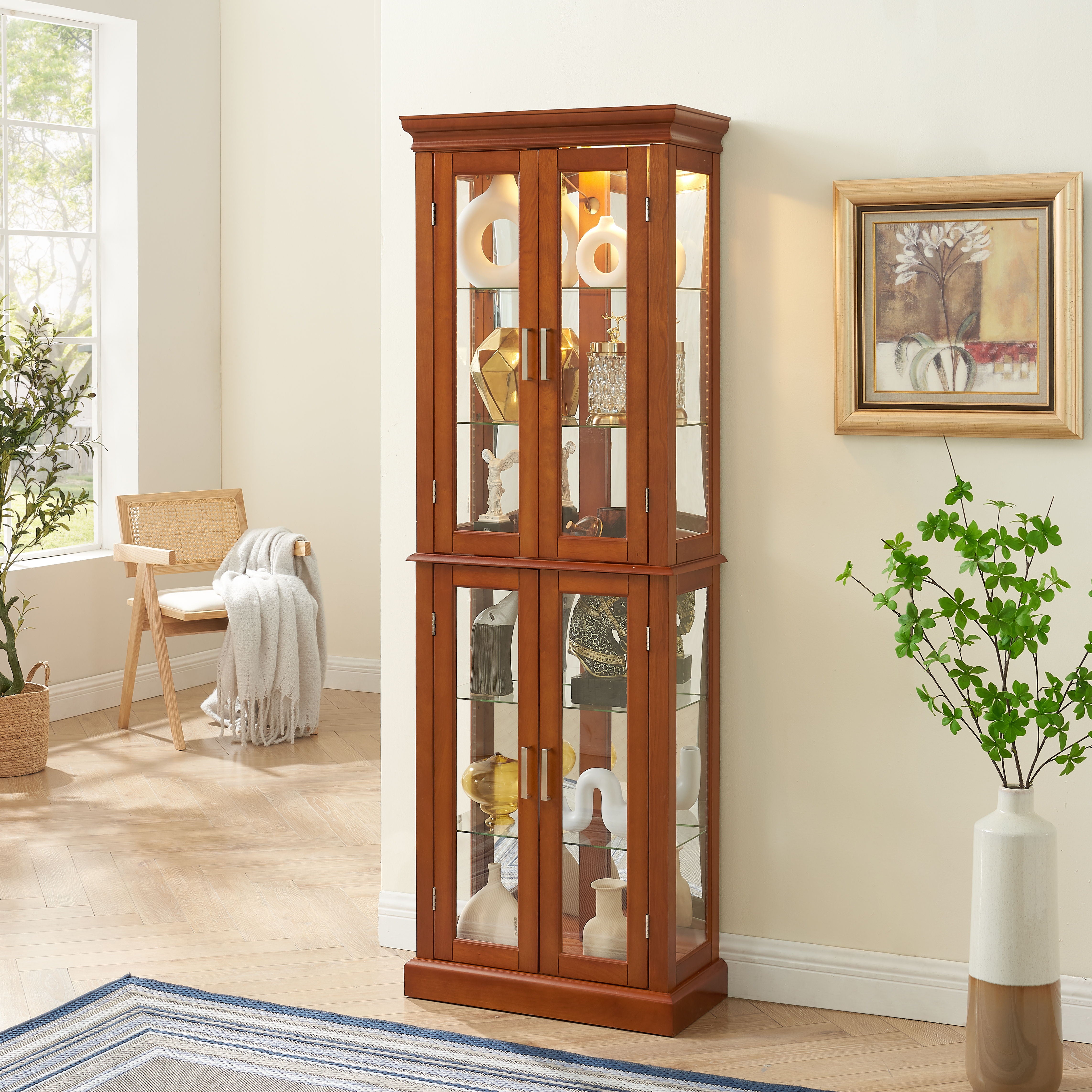 Curio Cabinet Lighted Curio Diapaly Cabinet With Adjustable Shelves And Mirrored Back Panel, Tempered Glass Doors (6 Tier), (E26 Light Bulb Not Included)