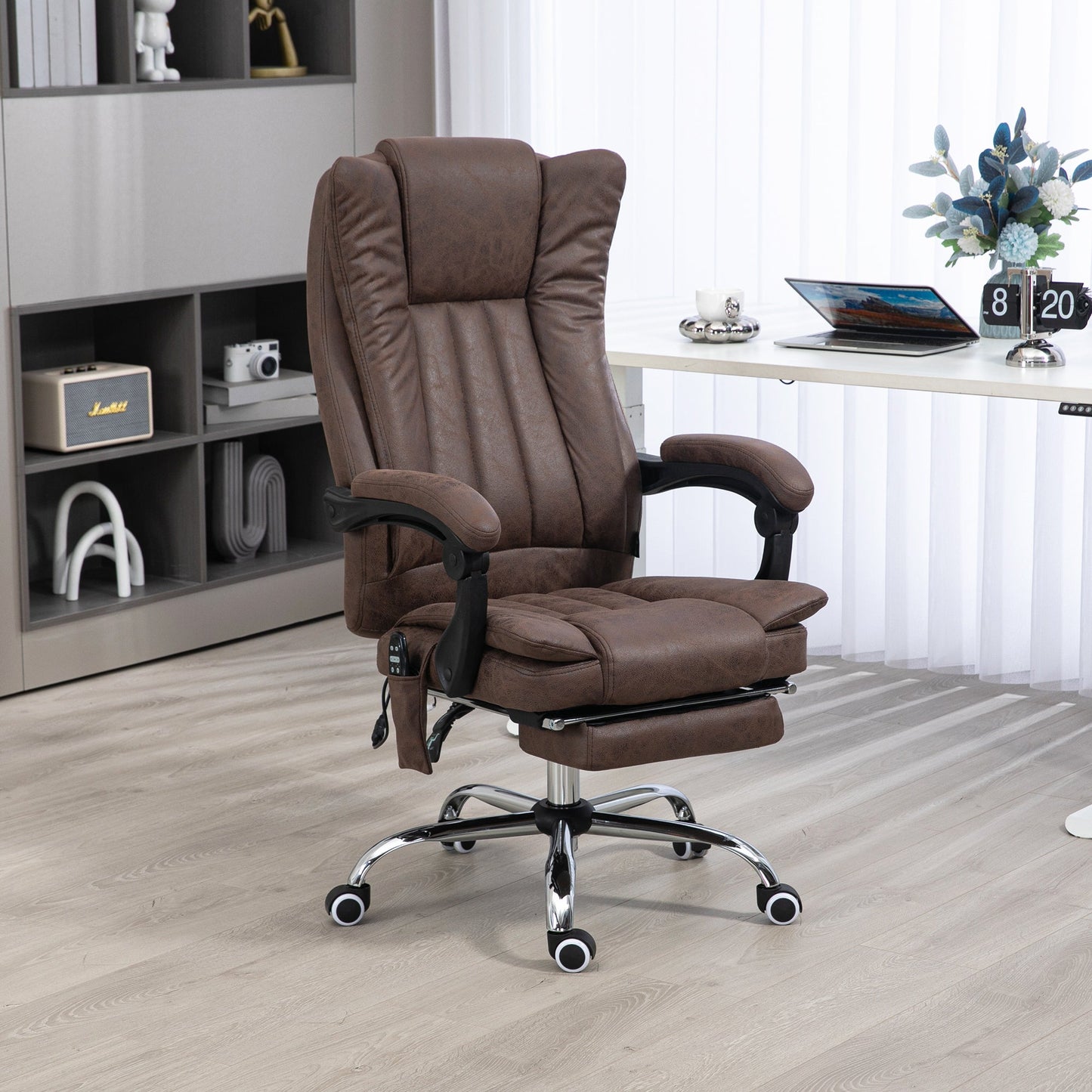Vinsetto Microfiber Office Chair, High Back Computer Chair with 6 Point Massage, Heat, Adjustable Height and Retractable Footrest, Coffee
