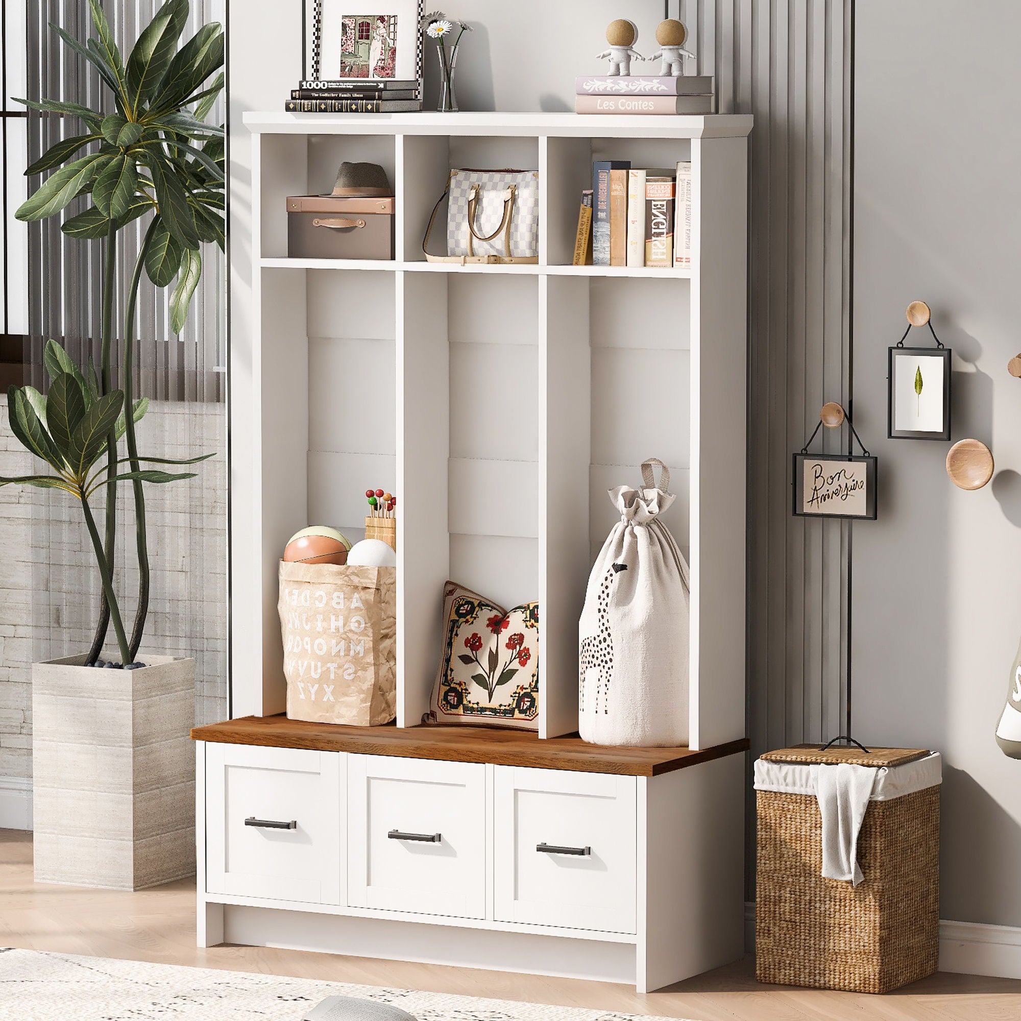 Modern Hall Tree With 3 Shelves And Drawers, Storage Bench