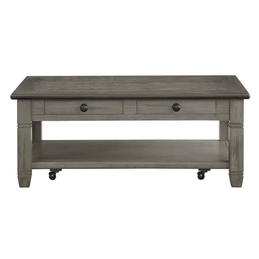 Coffee and Antique Gray Finish 1pc Cocktail Table with Casters 2 Drawers Bottom Shelf Wooden Living Room Furniture