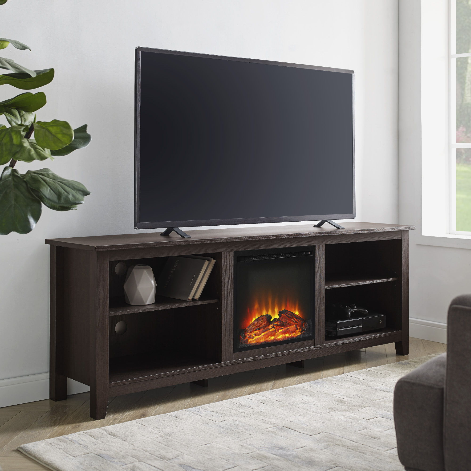 Modern Transitional Wood 70" Fireplace TV Stand For 80" TVs With 2 Shelves - Espresso