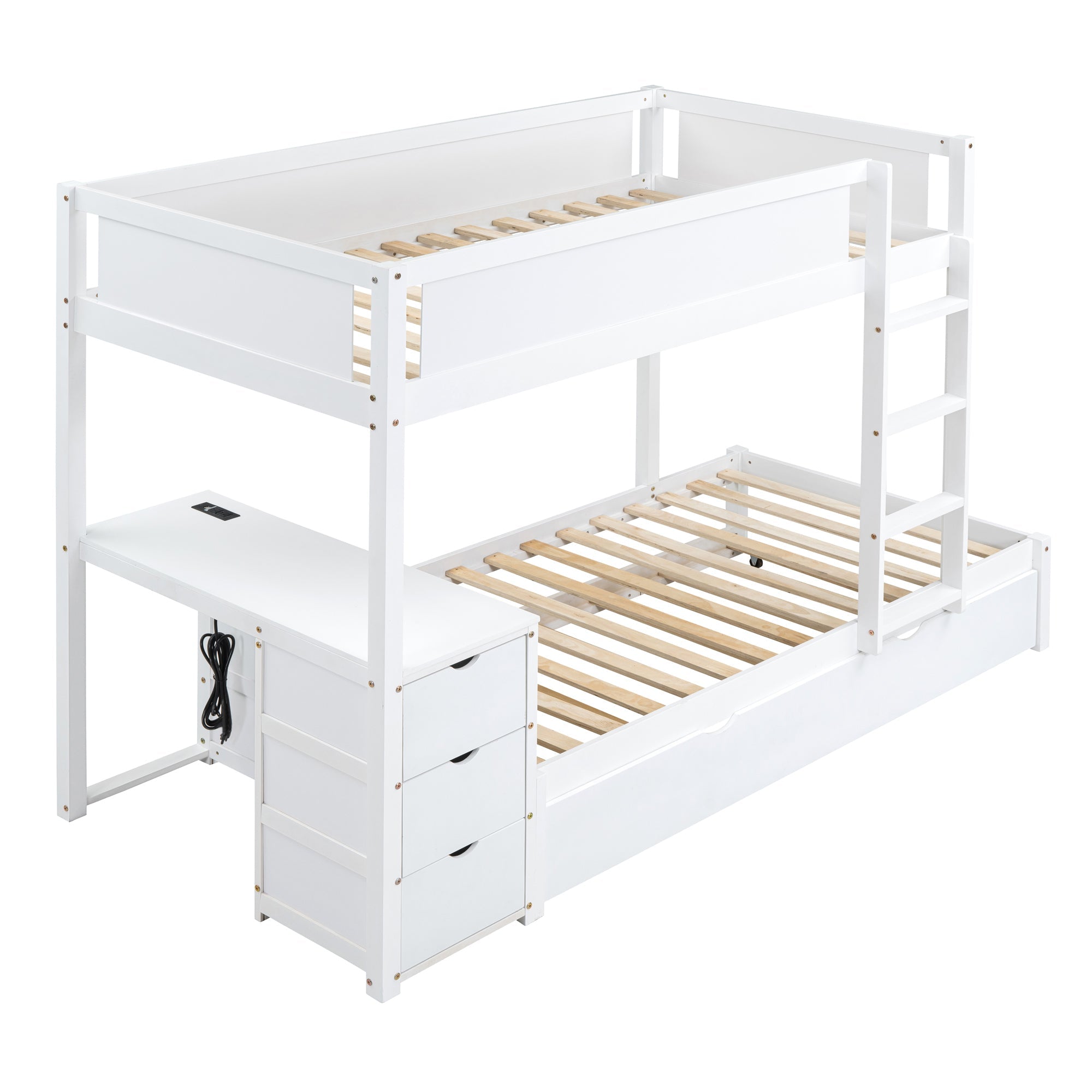 Twin-Over-Twin Bunk Bed with Twin size Trundle, Storage and Desk, White