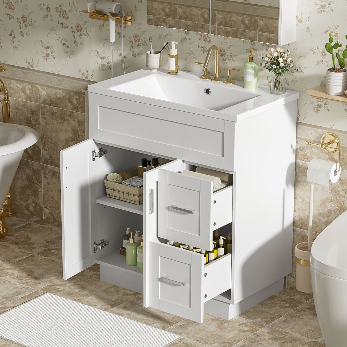 Bathroom Vanity With 2 Doors, 2 Drawers, Adjustable Shelf, Hidden Slides & Soft Close Hinges