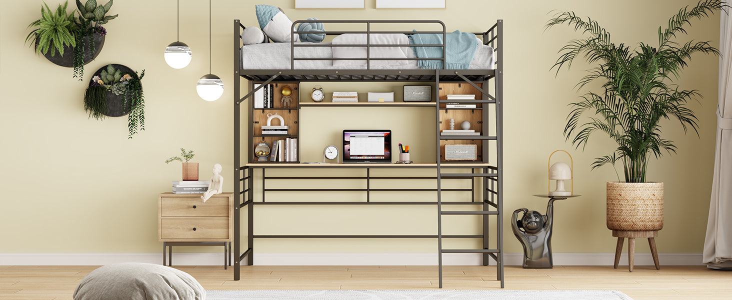 Full Size Loft Bed with Desk and Shelf , Loft Bed with Ladder,Full,Black