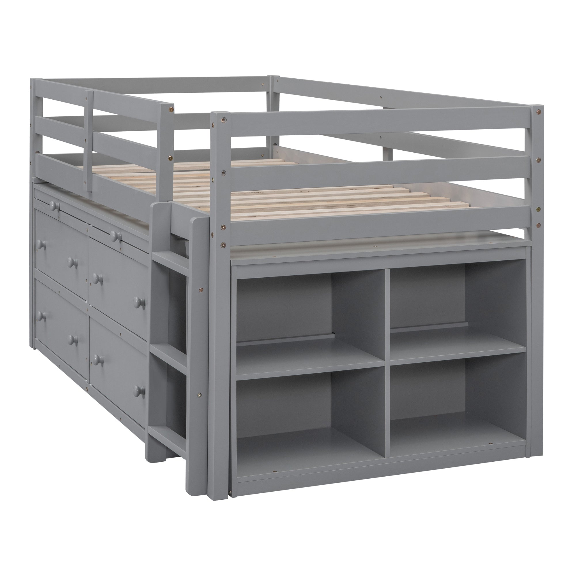 Twin Size Loft Bed with Retractable Writing Desk and 4 Drawers, Wooden Loft Bed with Lateral Portable Desk and Shelves, Gray