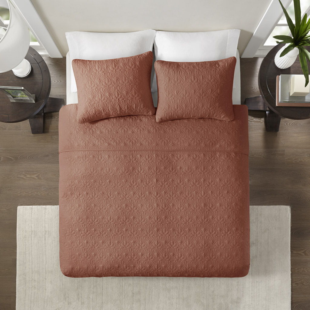 Quebec - 3 Piece Full/Queen Reversible Quilt Set - Clay Red