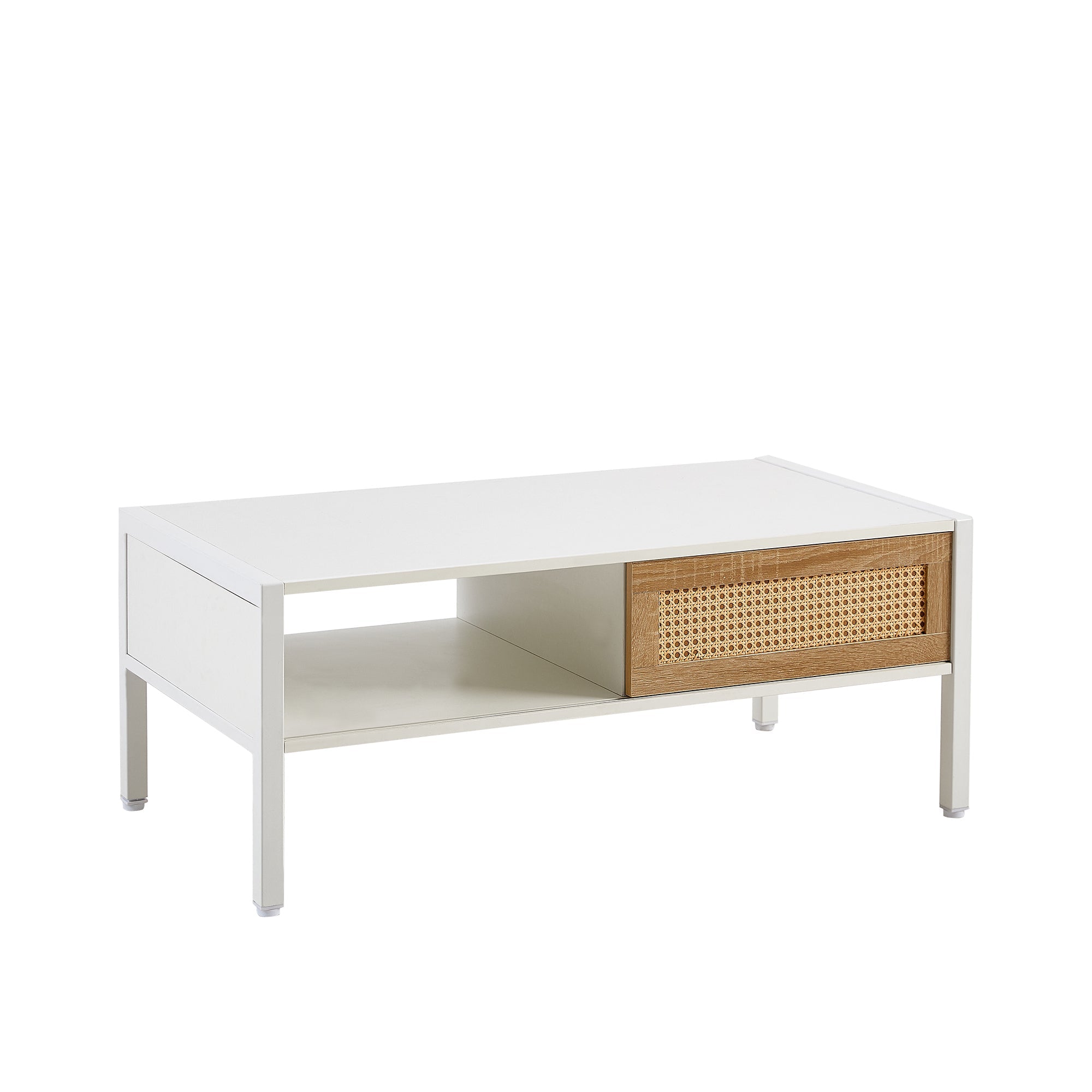 40.16" Rattan Coffee table, sliding door for storage, metal legs, Modern table  for living room , white