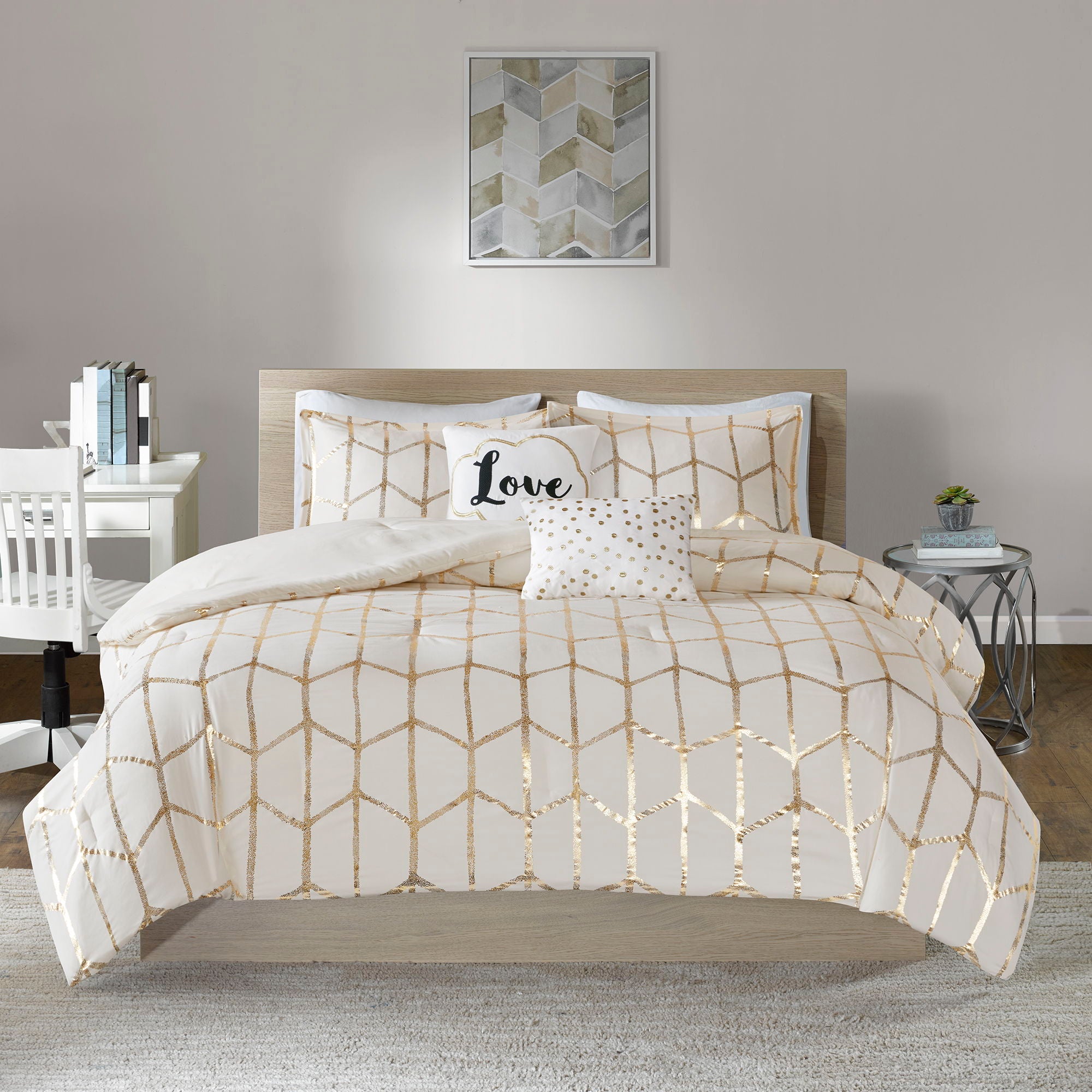 Raina - King Brushed Microfiber Printed Comforter Set - Ivory / Gold