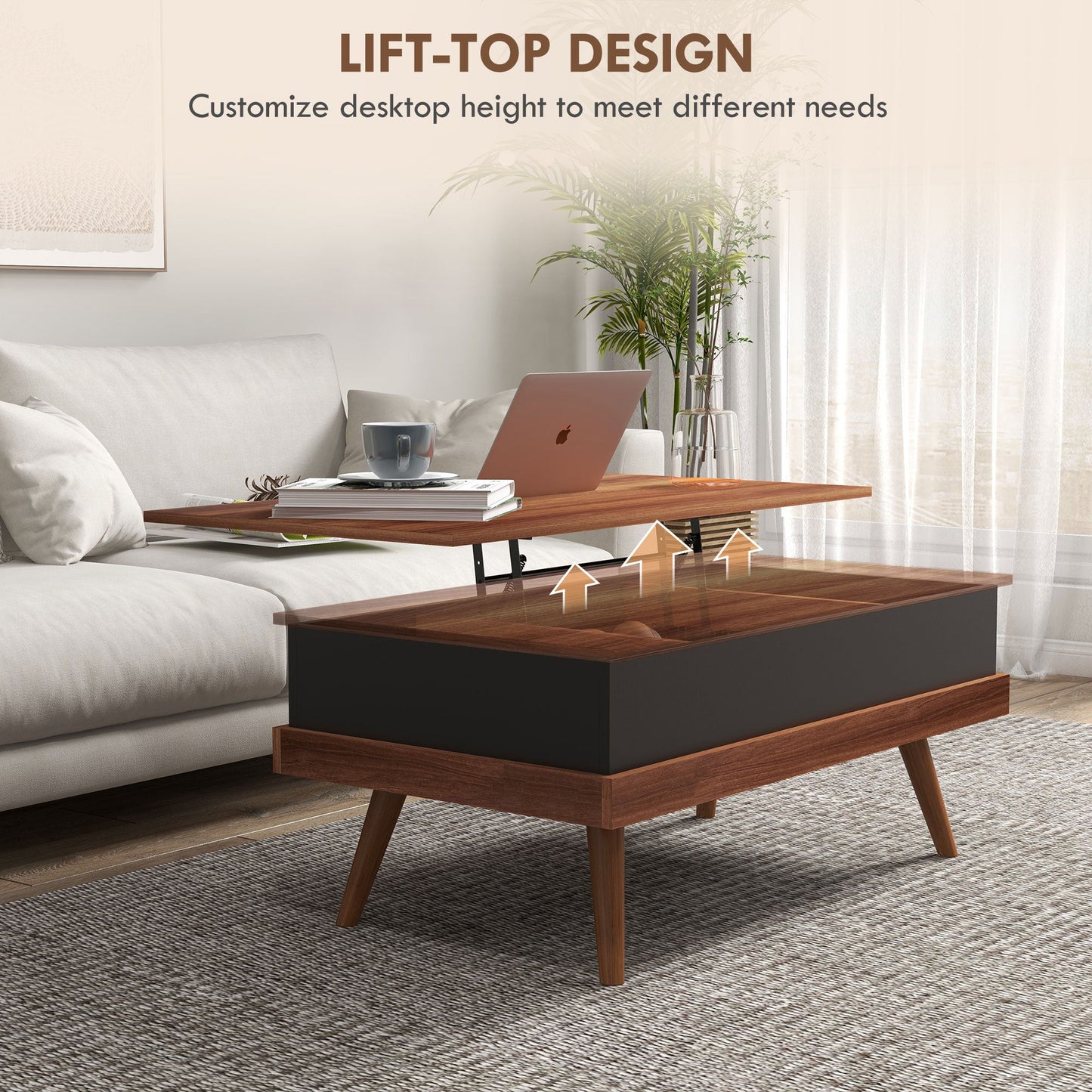 HOMCOM Lift Top Coffee Table, 39.25" Coffee Table with Hidden Compartments and Wood Legs, Walnut