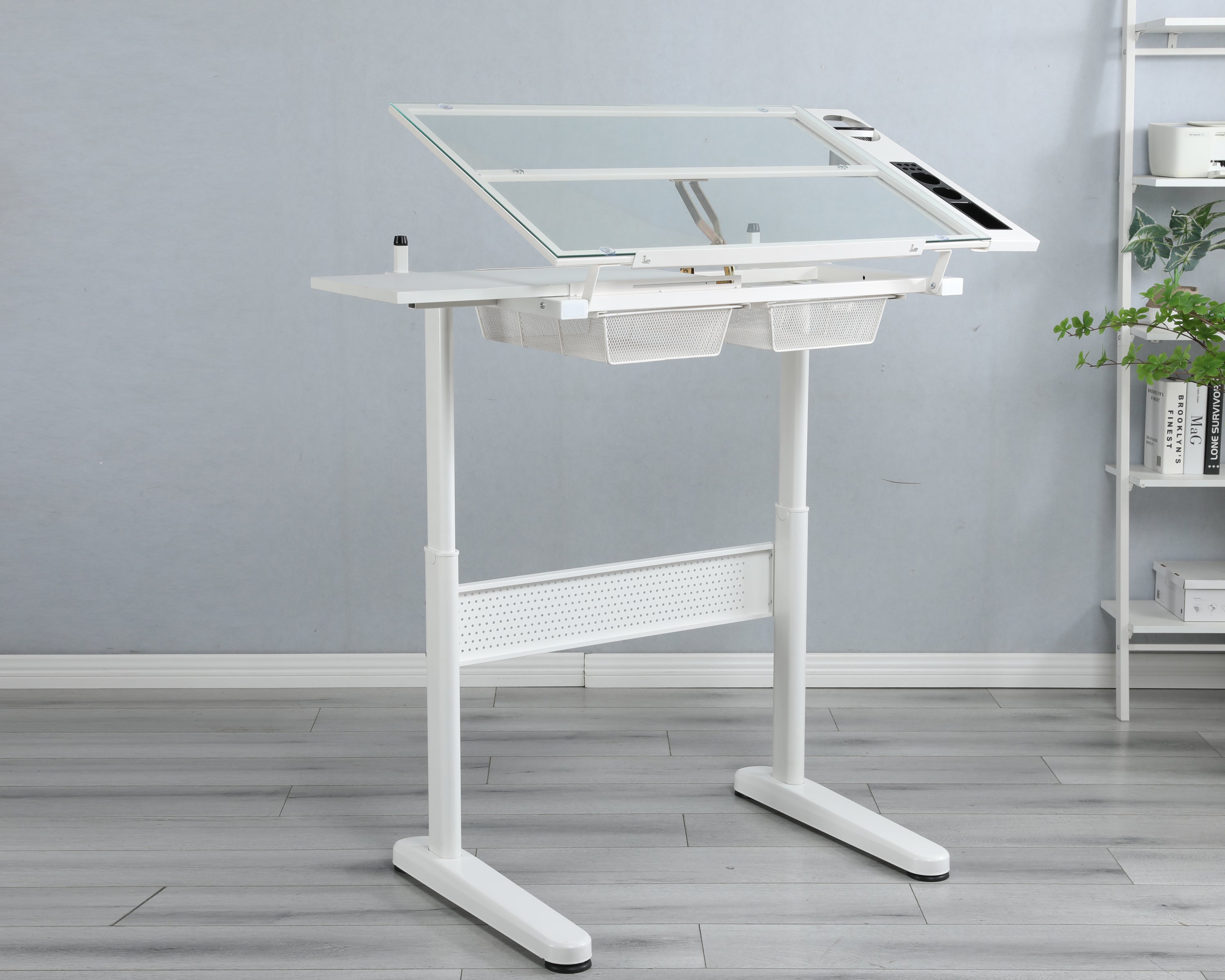 hand crank adjustable drafting table drawing desk with 2 metal drawers (white)WITH STOOL