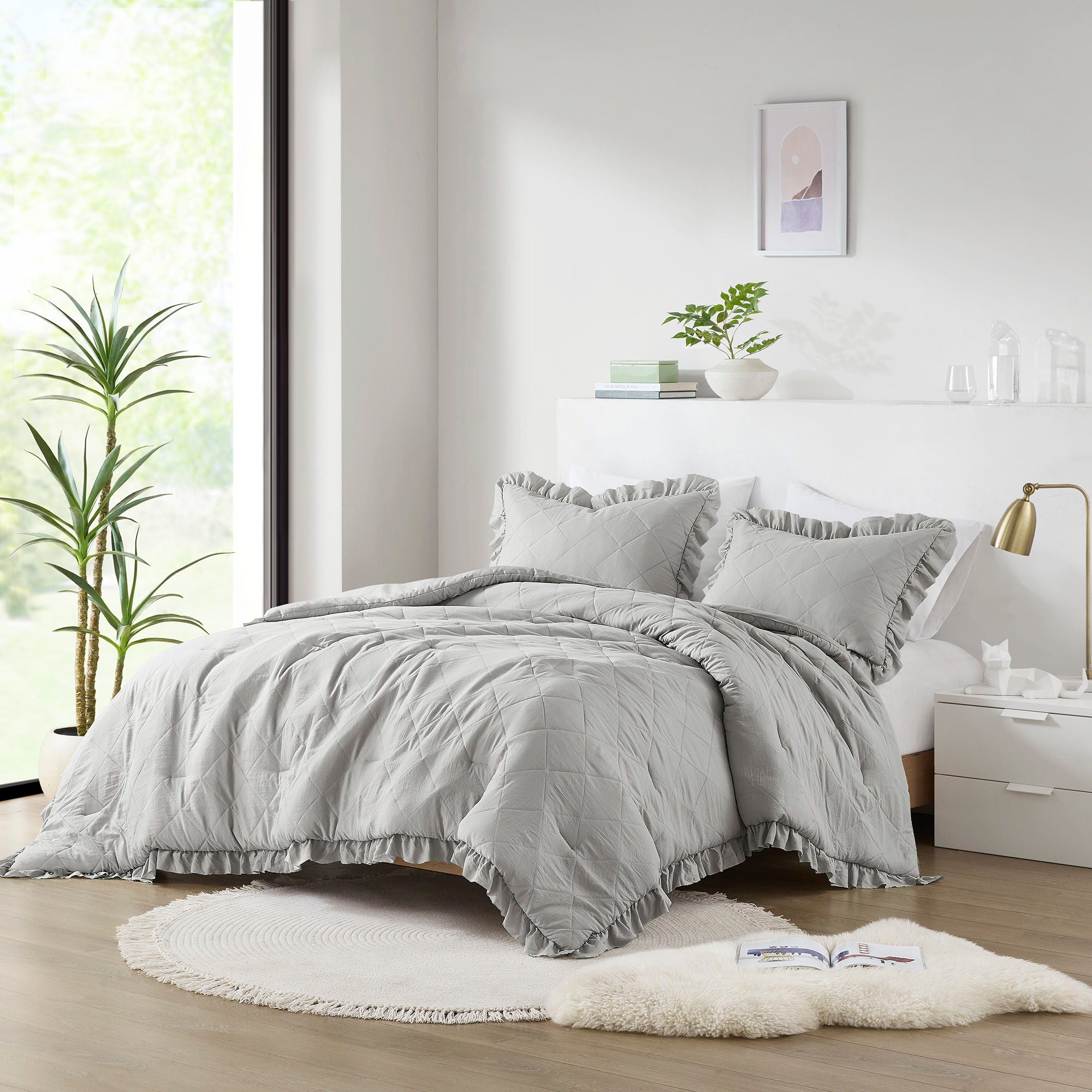 Phoebe - Twin/Twin Long Diamond Quilted Ruffle Edge Comforter Set - Gray