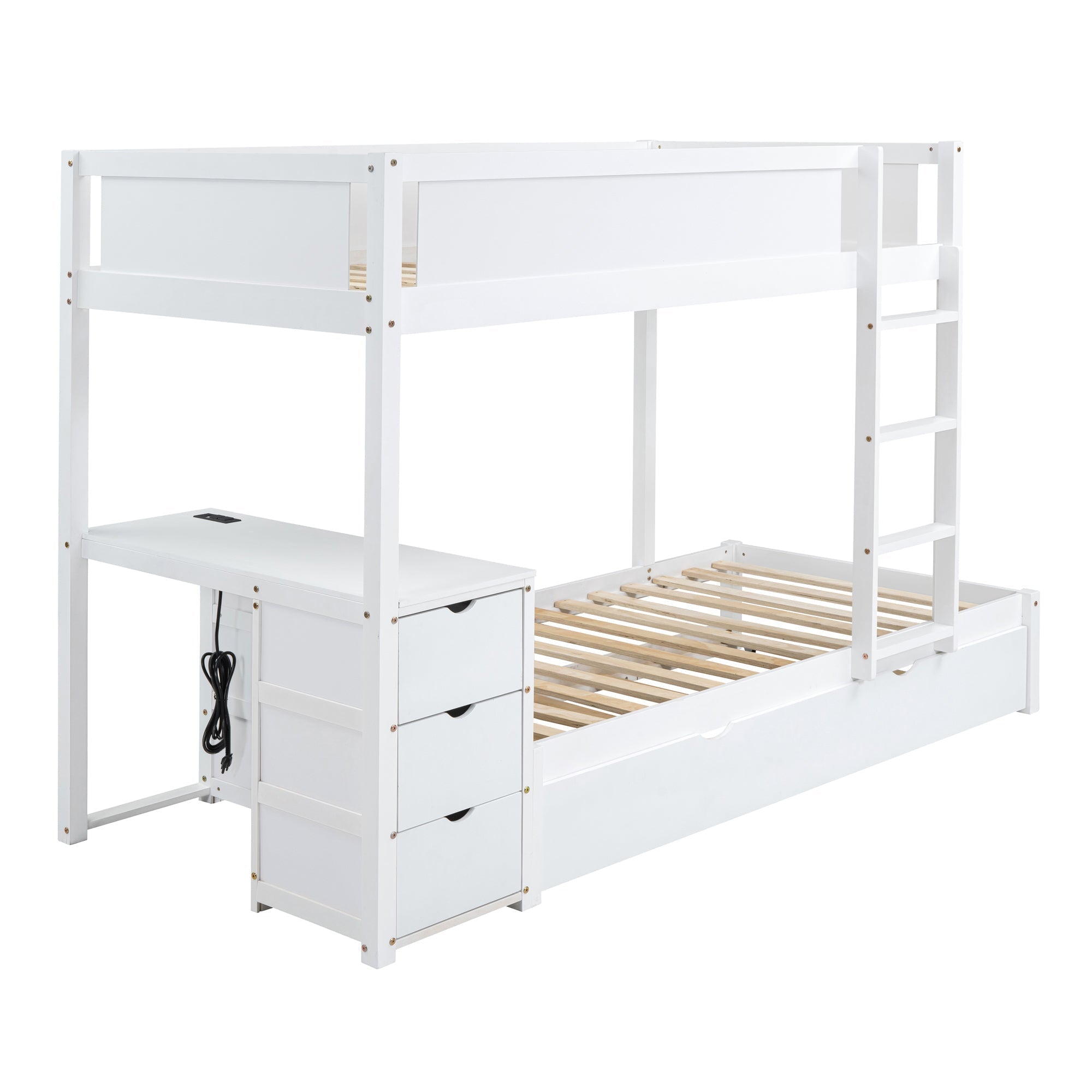 Twin-Over-Twin Bunk Bed with Twin size Trundle, Storage and Desk, White