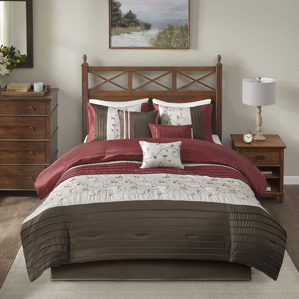 Serene - King Embroidered Piece Comforter (Set of 7) - Red