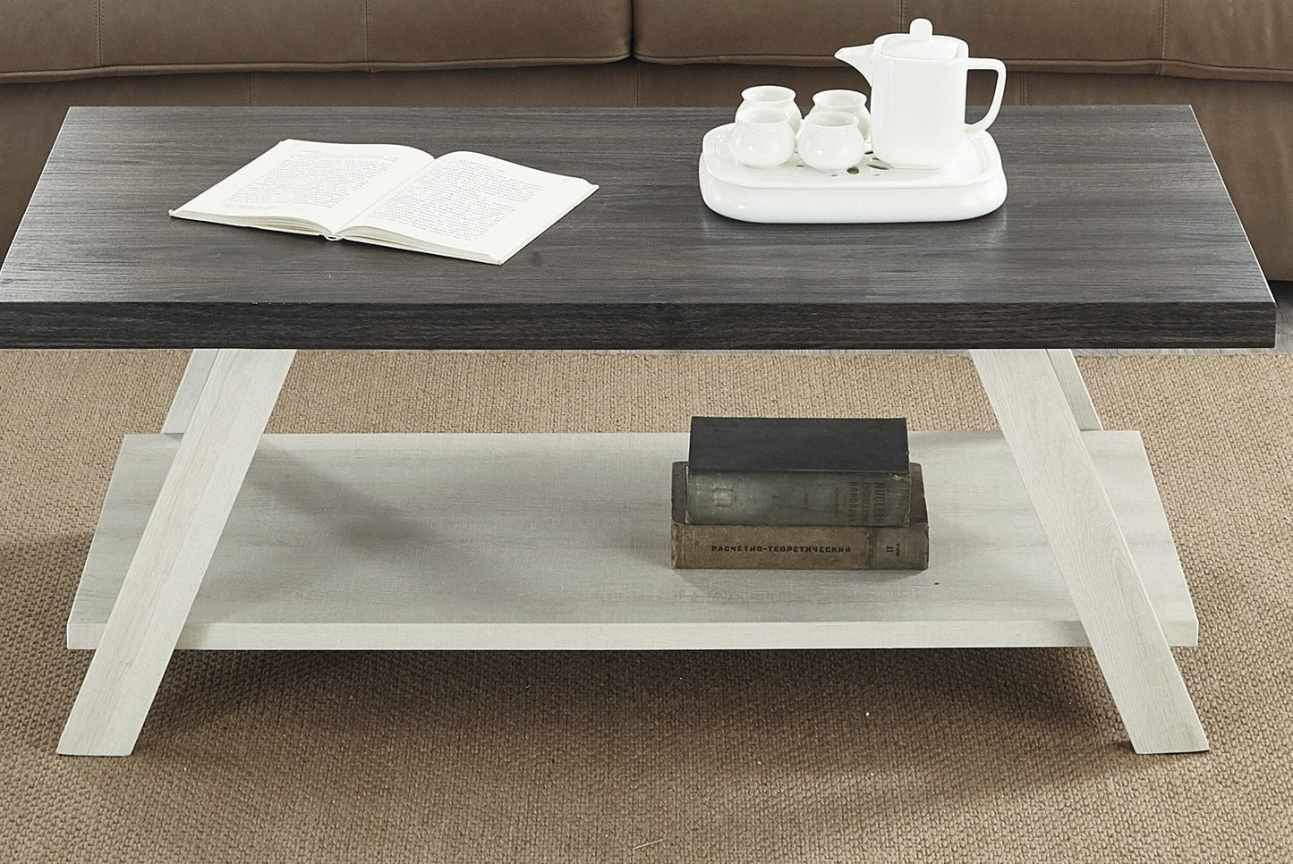 Athens Contemporary Two-Tone Wood Shelf Coffee Table in Weathered Charcoal and Beige