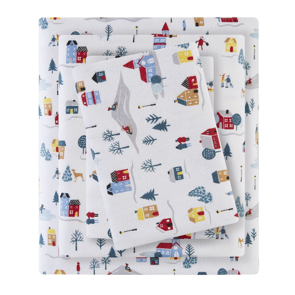 Cozy Flannel - 3 Piece Twin Printed Sheet Set - White Village Print