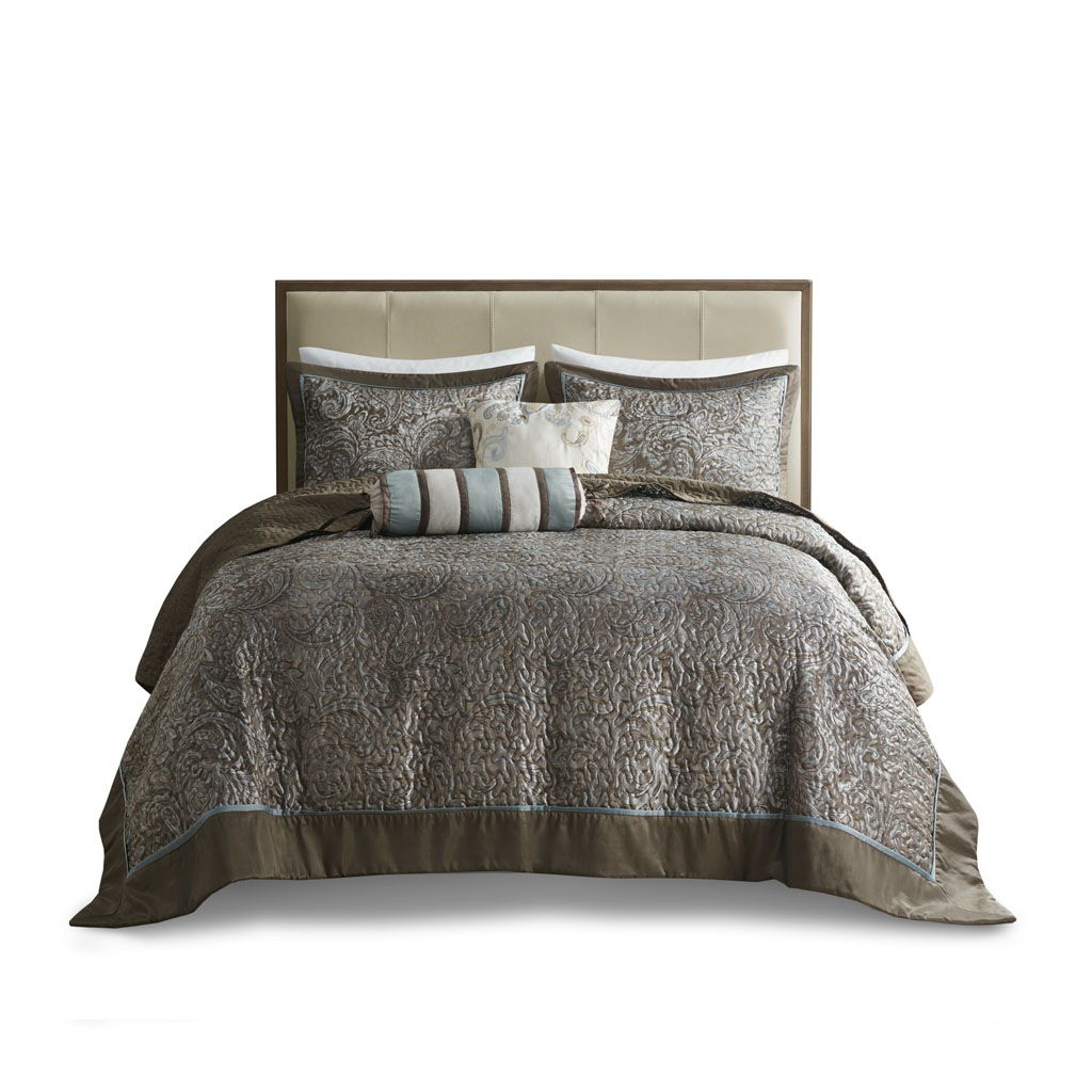 Aubrey - Queen 5 Piece Reversible Bedspread Set - Blue / Brown