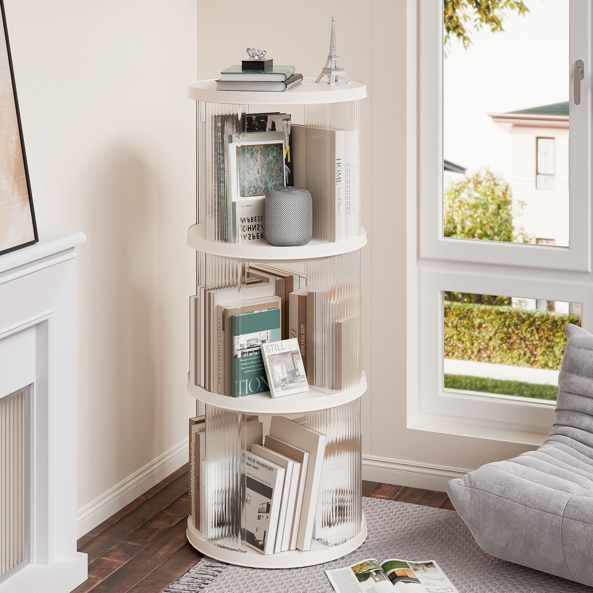 360° Rotating Bookshelf, Small Corner Bookcase, 3 Tier Floor Standing Organizer, Round - Cream White