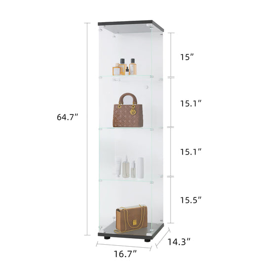 Glass Display Cabinet 4 Shelves with Door, Floor Standing Curio Bookshelf for Living Room Bedroom Office, 64.7"*16.7"*14.3", Black