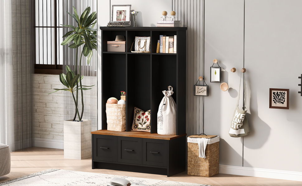Modern Hall Tree With 3 Shelves And Drawers, Storage Bench