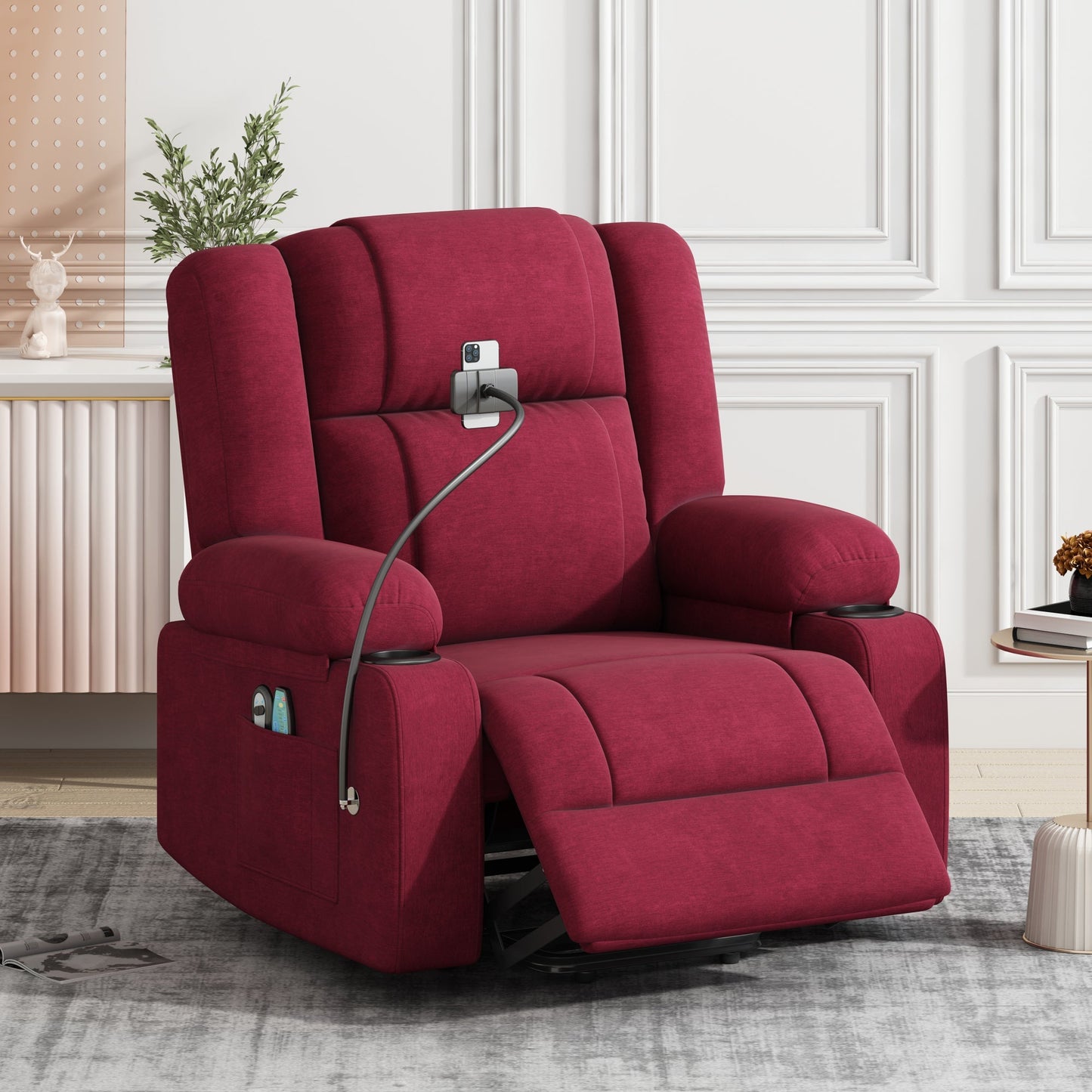 Power Lift Recliner Chair Electric Recliner for Elderly Recliner Chair with Massage and Heating Functions, Remote, Phone Holder Side Pockets and Cup Holders for Living Room, Red