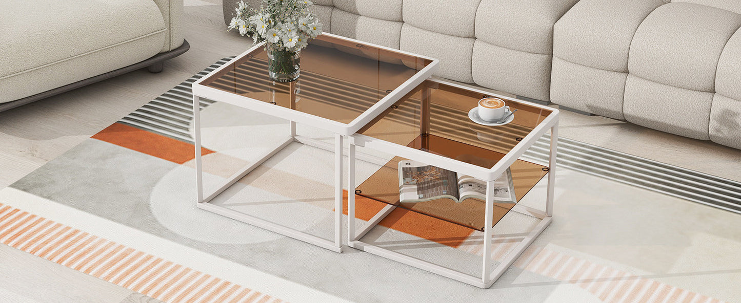 Modern Nested Coffee Table Set with High-low Combination Design, Brown Tempered Glass Cocktail Table with Metal Frame, Length Adjustable 2-Tier Center&End Table for Living Room, White