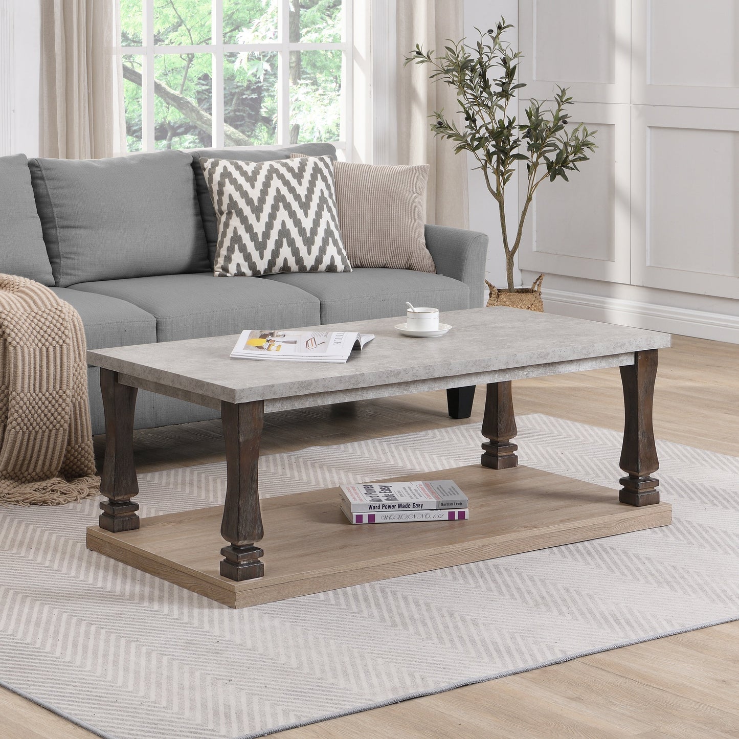 Rectangle Mid-Century Coffee Table for Living Room, Wood Coffee Table with 2-Tier Storage Shelf, Square Center Table Wooden Accent Cocktail End Table for Home, Grey Tabletop