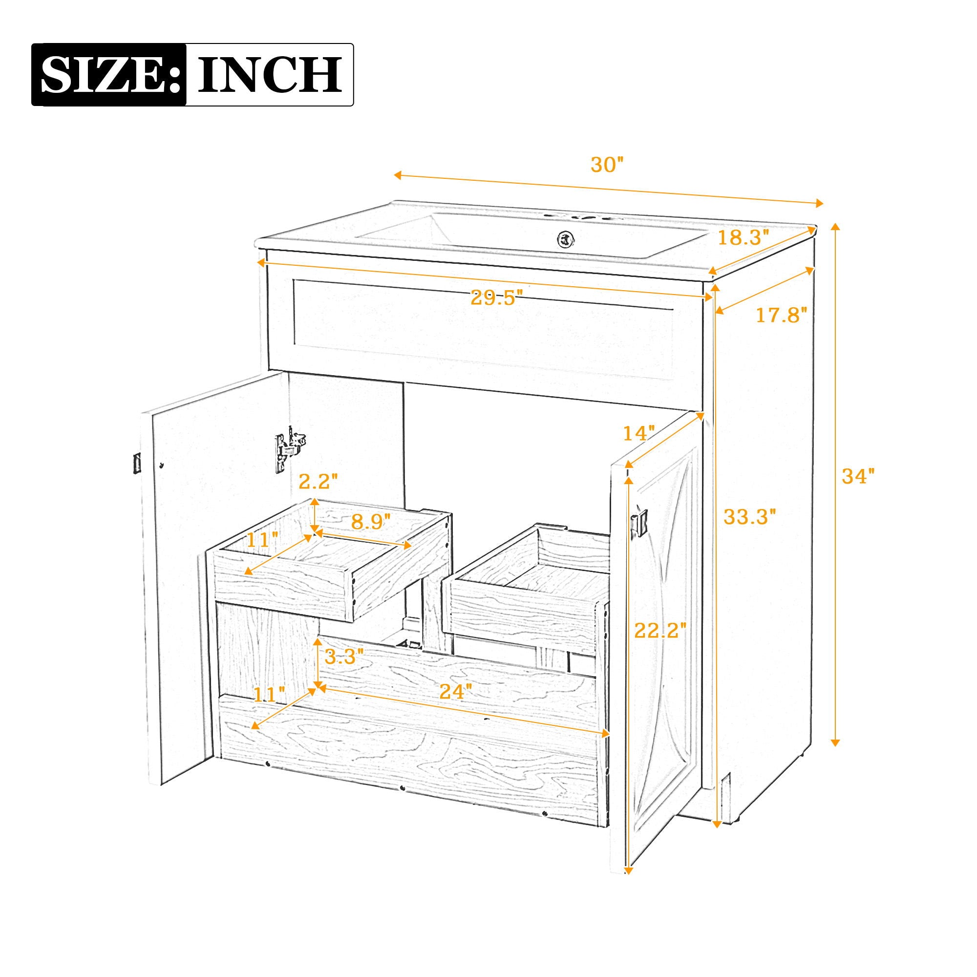 Bathroom Vanity With Sink, Freestanding Storage Cabinet With Handles, Soft Closing Doors