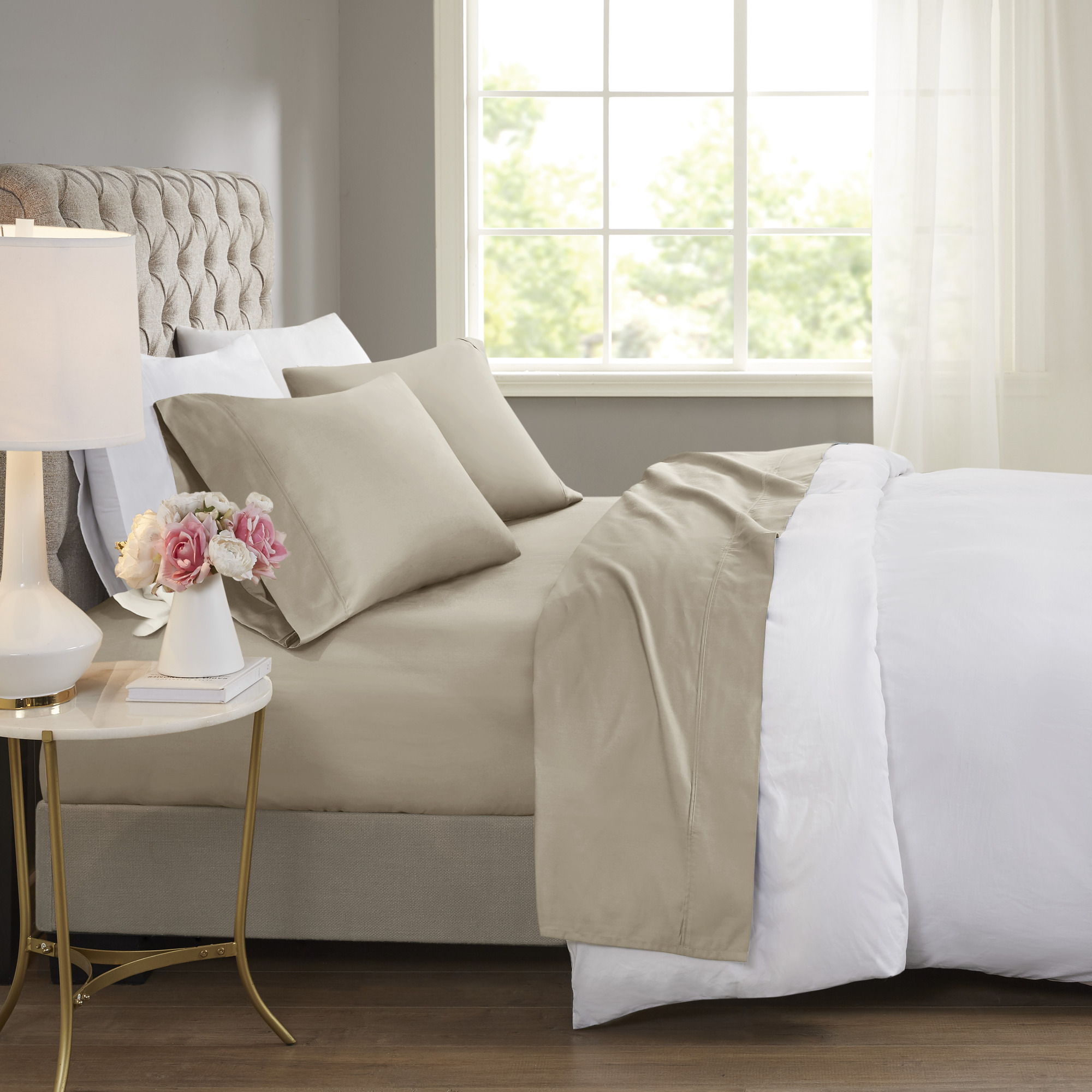 600 Thread Count - King Cooling Cotton Blend 4 Piece Sheet Set - Khaki