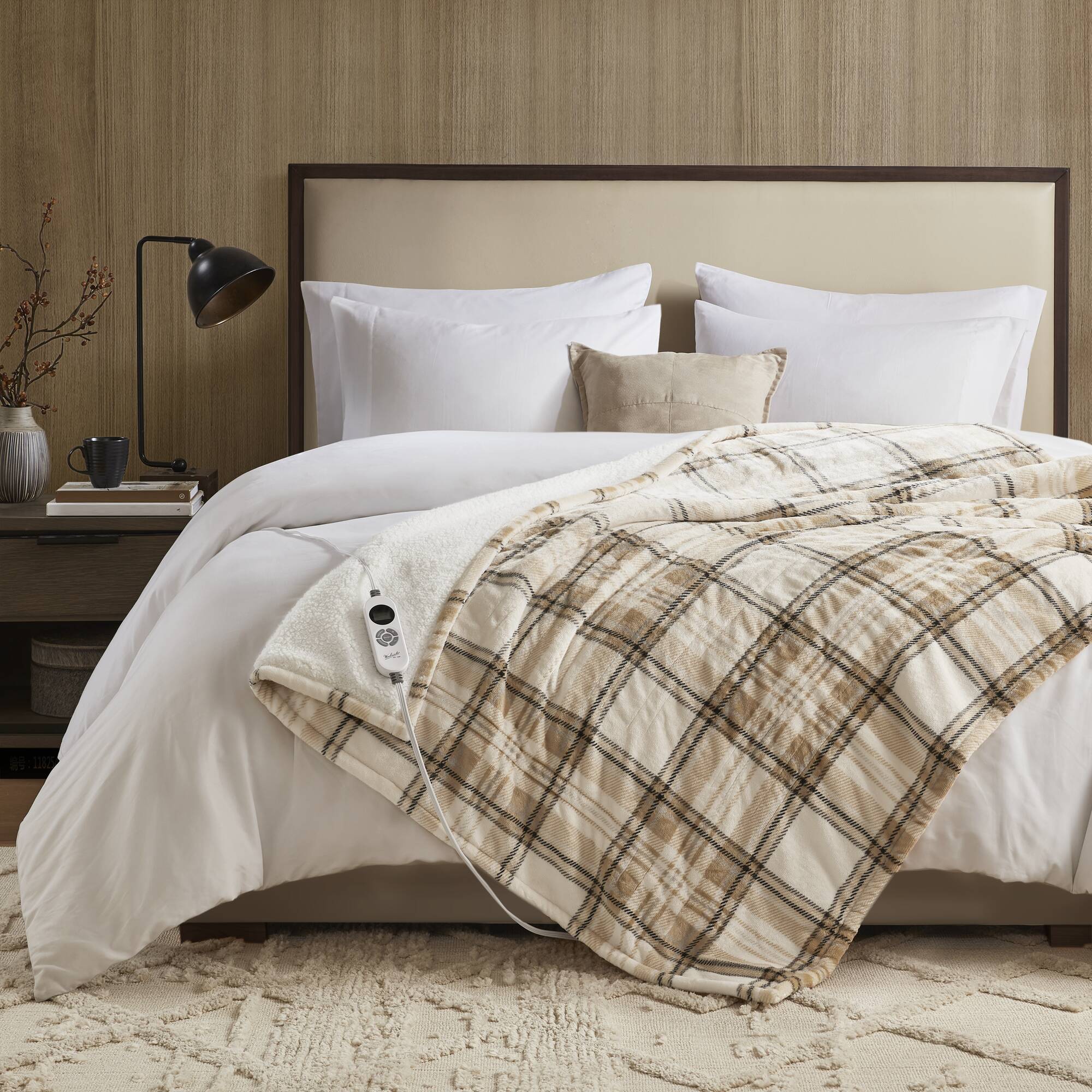Print Plush To Sherpa - 50X60" Heated Throw - Tan Plaid