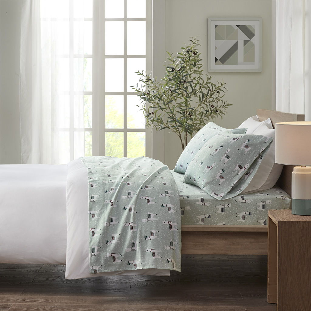 Cozy Flannel - Queen Printed Sheet Set - Seafoam Llama