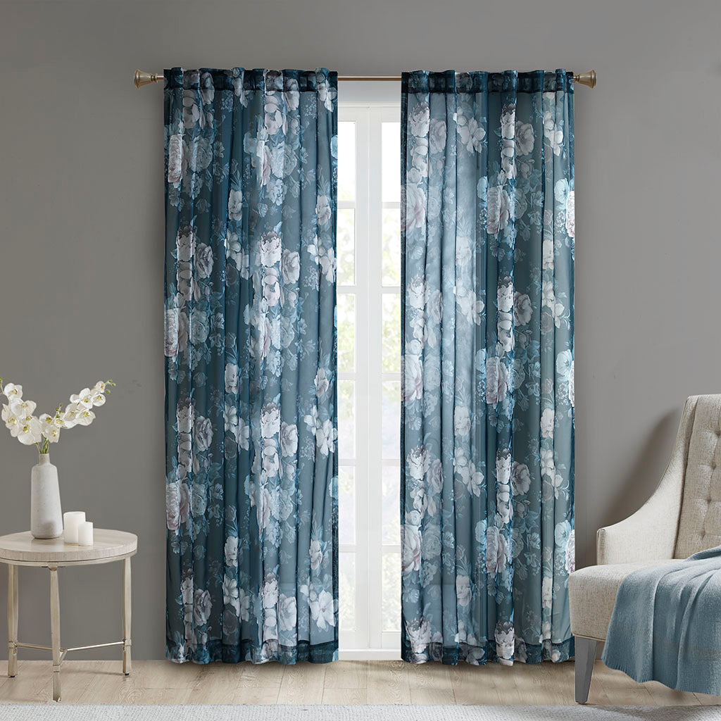 Printed Floral Rod Pocket and Back Tab Voile Sheer Curtain