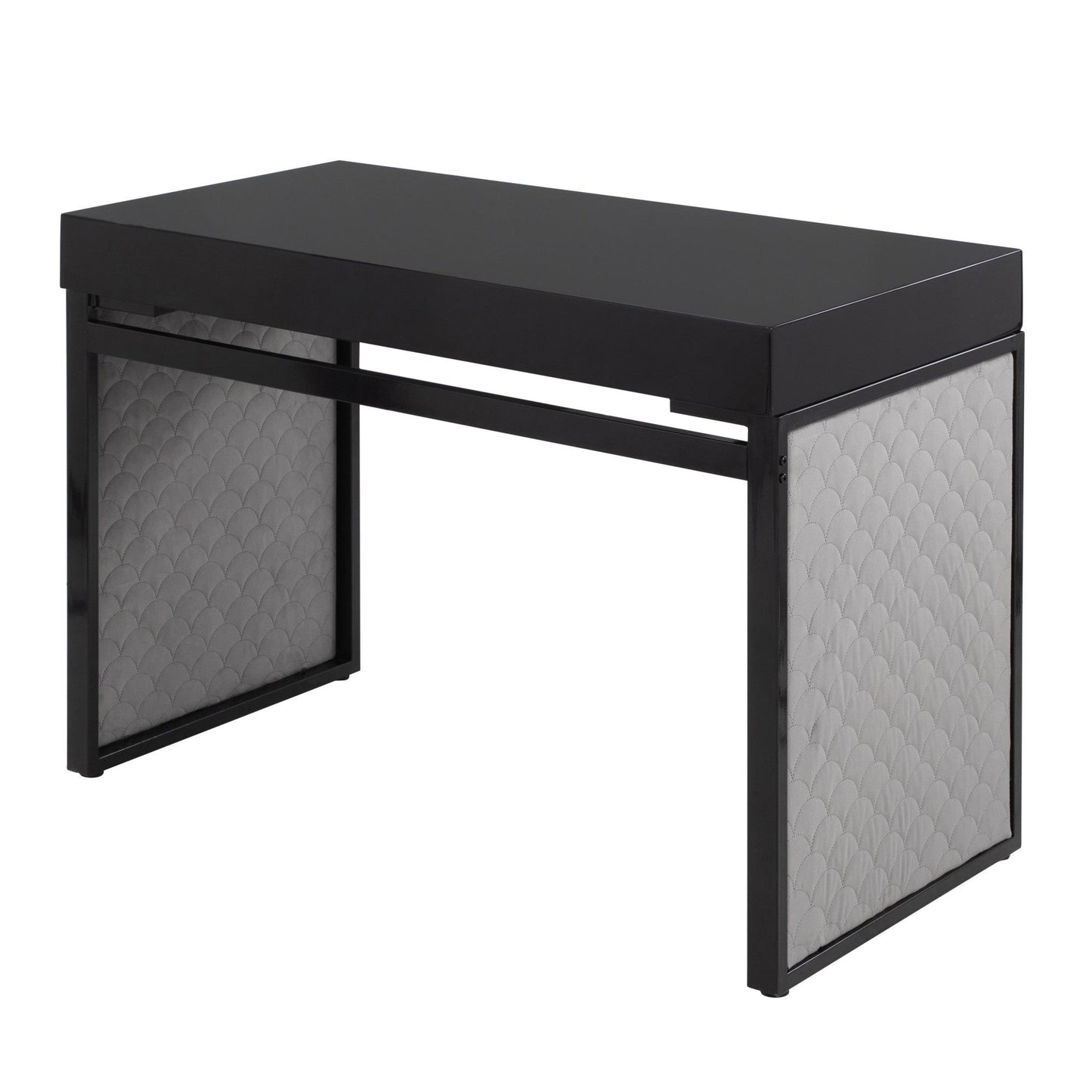 Drift Contemporary Upholstered Desk in Black Steel, Black Wood and Silver Velvet by LumiSource