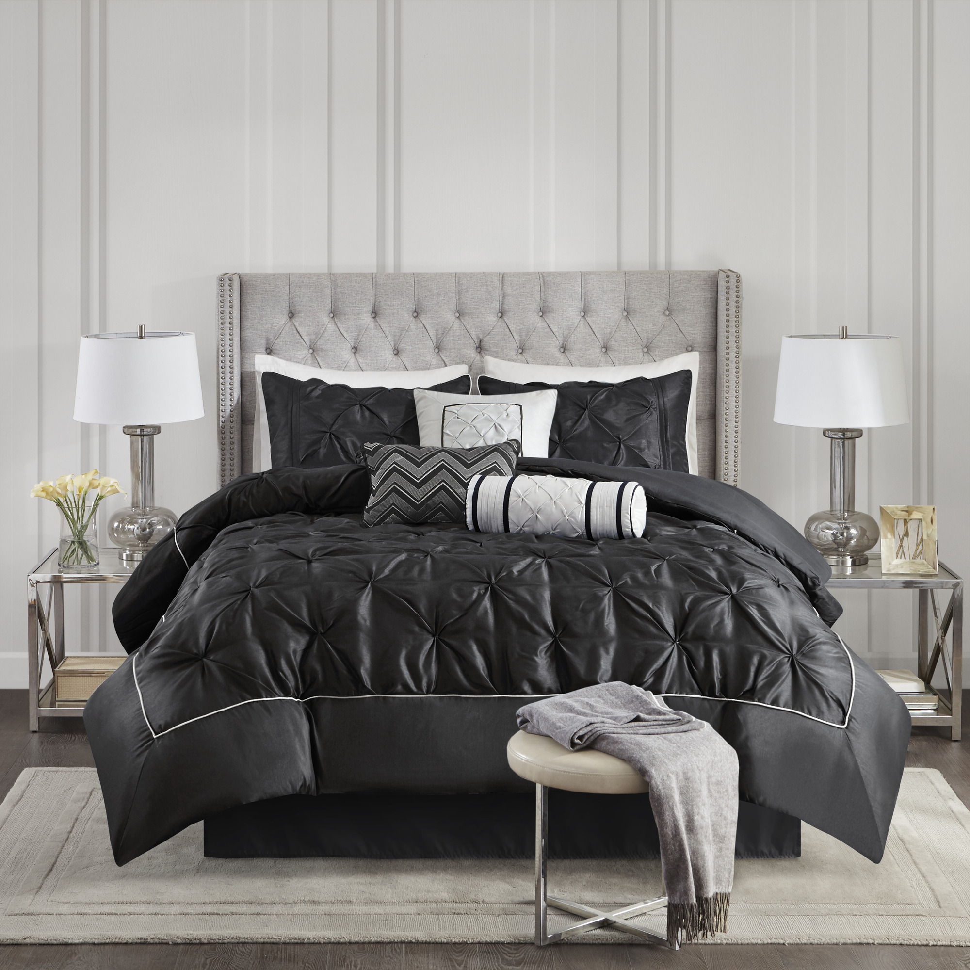Laurel - Pieced Pleated 7 Piece Tufted Comforter Set - Black