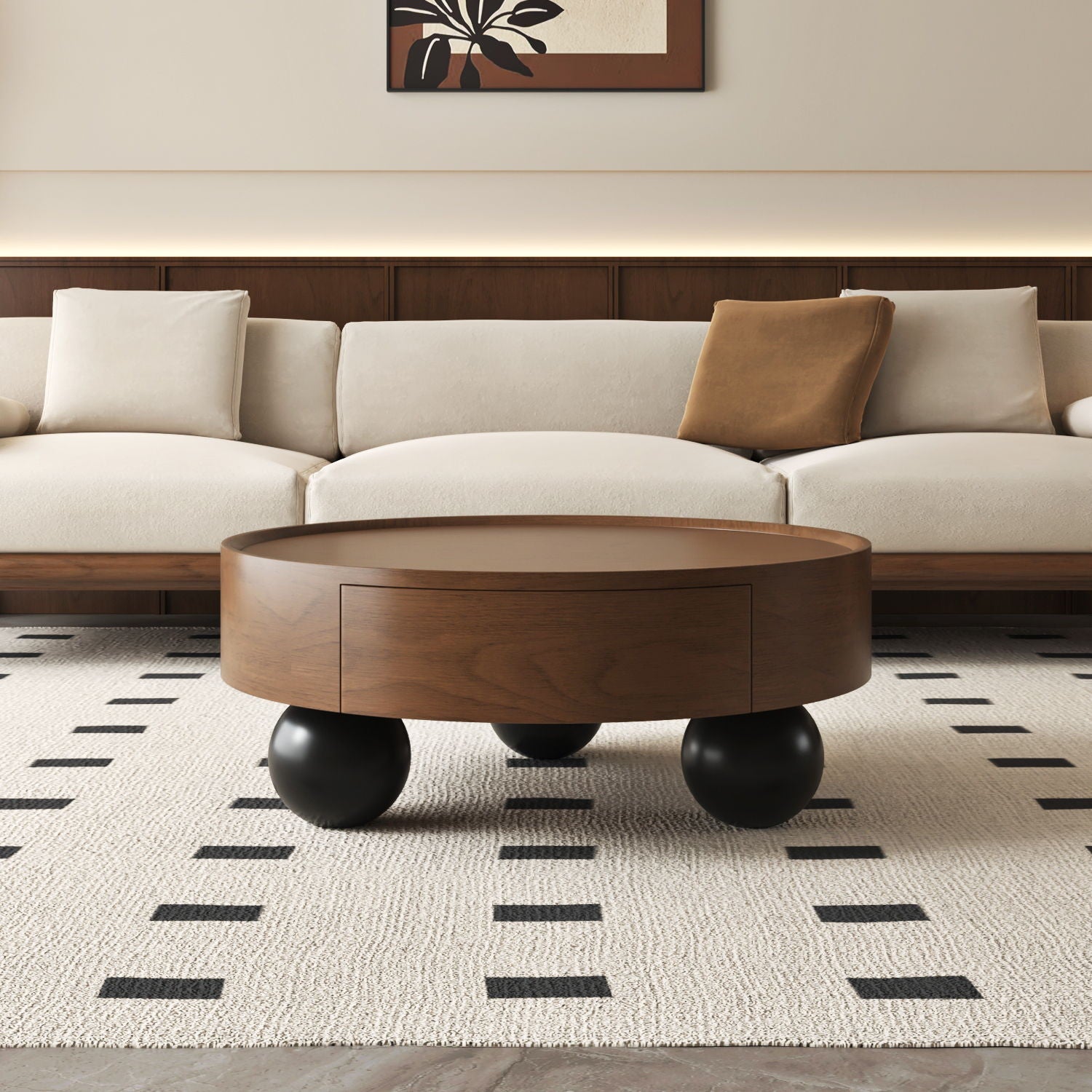 Round Coffee Table With Storage Drawer And Ball Feet - Walnut / Black