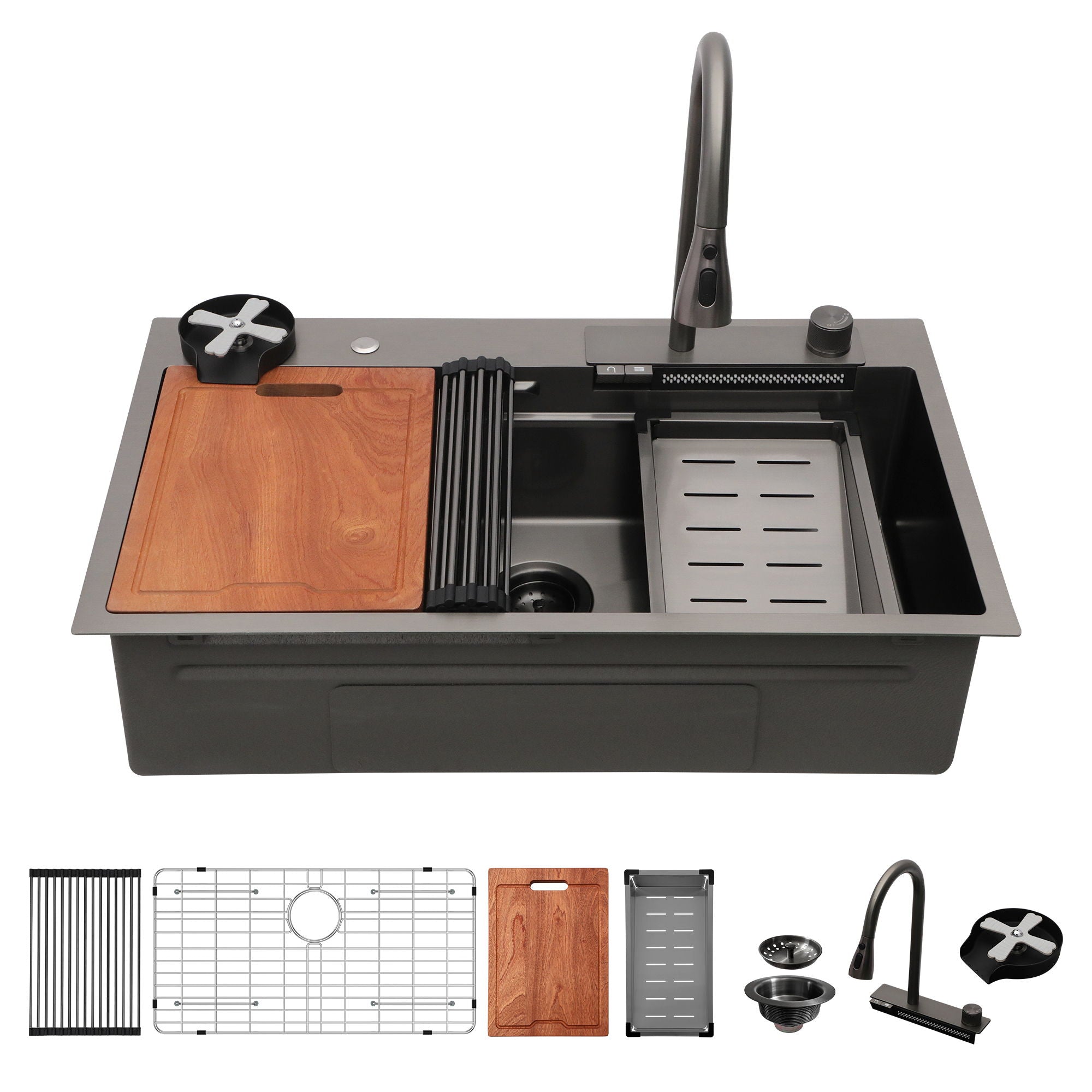 33" Stainless Steel Single Bowl Kitchen Sink With Waterfall Flow